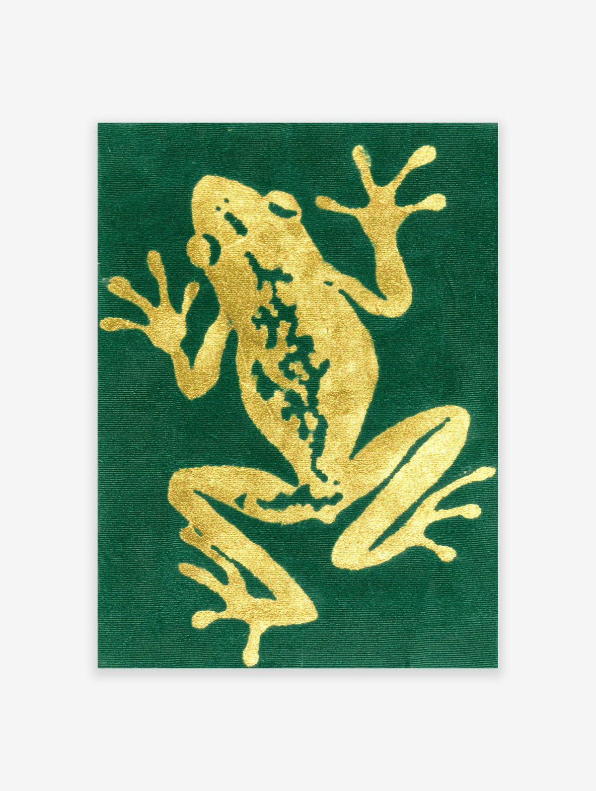 Green and gold frog poster with an illustrated, textured design on a dark green background, capturing a climbing frog.