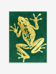 Green and gold frog poster with an illustrated, textured design on a dark green background, capturing a climbing frog.