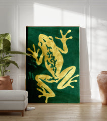 Green and gold frog poster with an illustrated, textured design on a dark green background, capturing a climbing frog. - Image 3