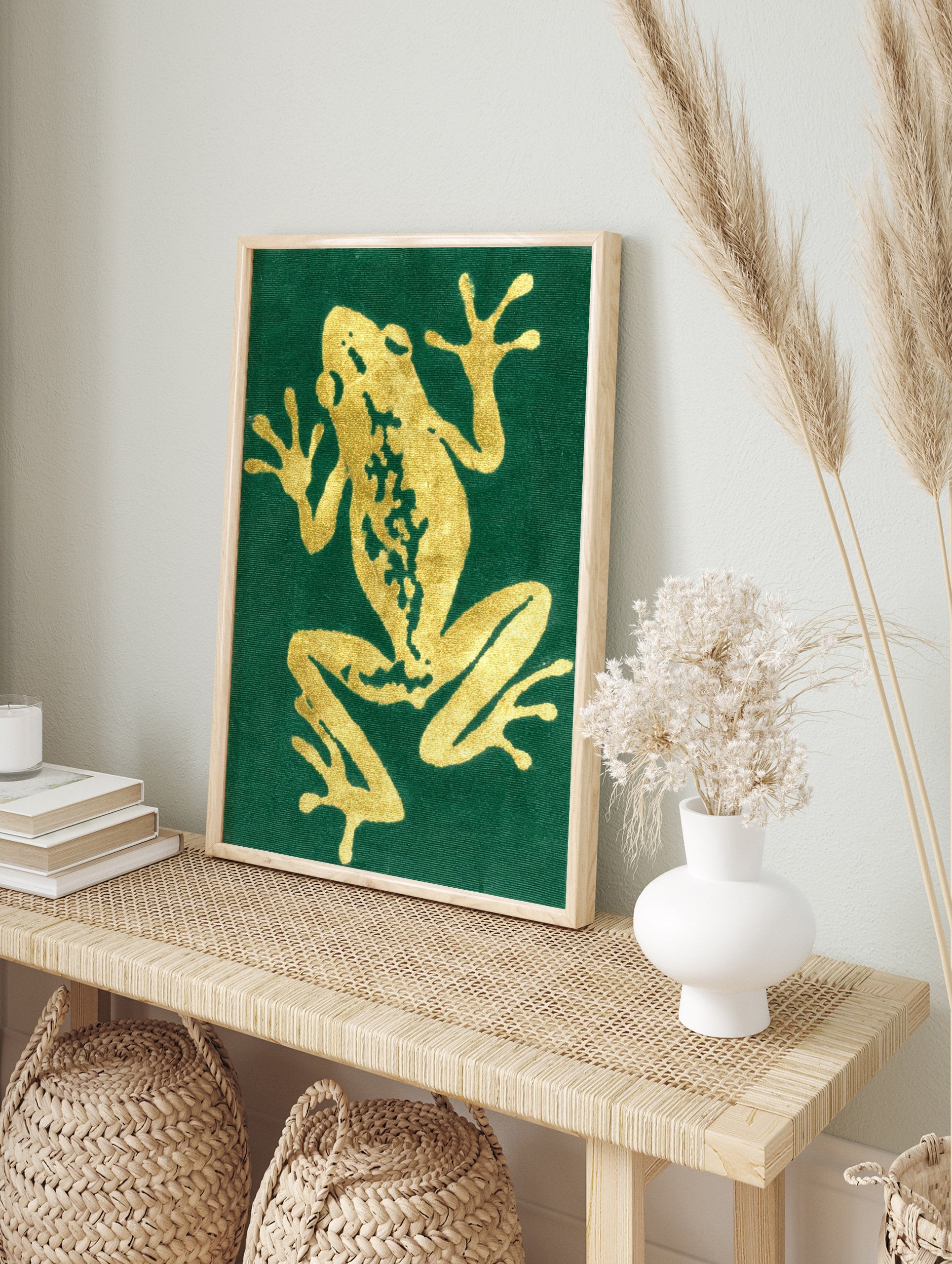 Green and gold frog poster with an illustrated, textured design on a dark green background, capturing a climbing frog. - Image 4