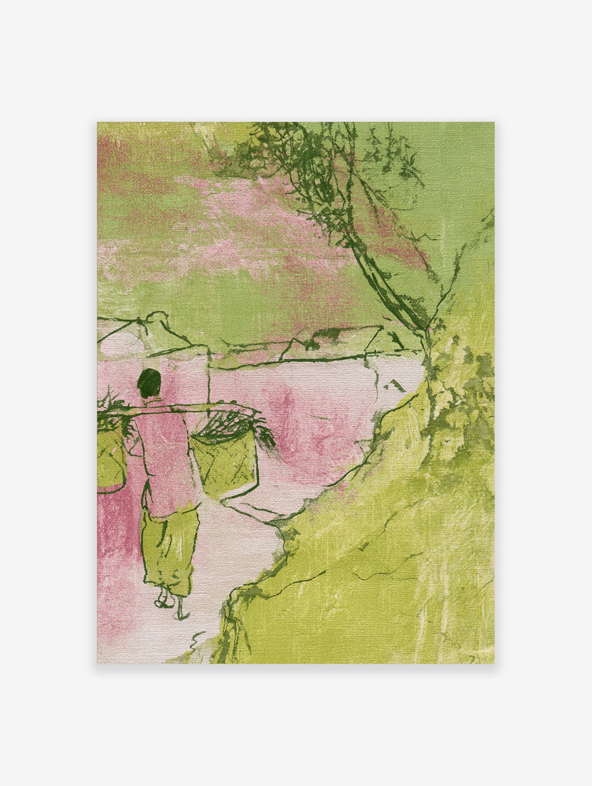 Green and pink landscape art print of a figure carrying a basket on a path beside a tree