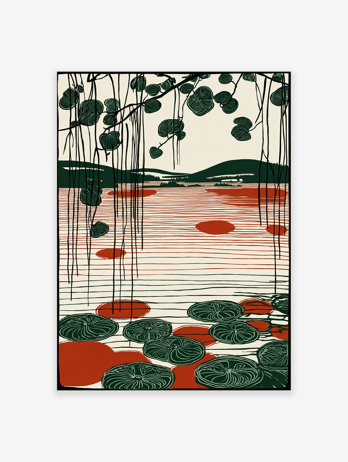 Modern green and red lake art print with hanging botanical leaves and lily pads on a minimalist landscape.