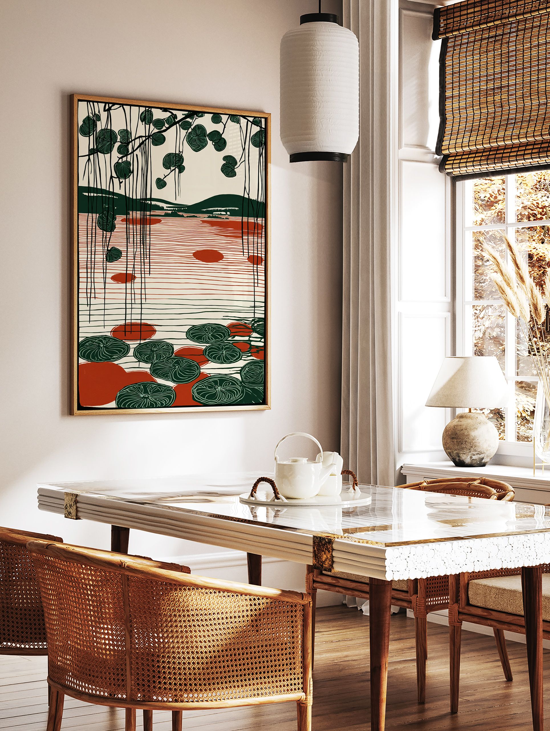 Modern green and red lake art print with hanging botanical leaves and lily pads on a minimalist landscape. - Image 3