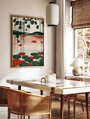 Modern green and red lake art print with hanging botanical leaves and lily pads on a minimalist landscape. - Image 3
