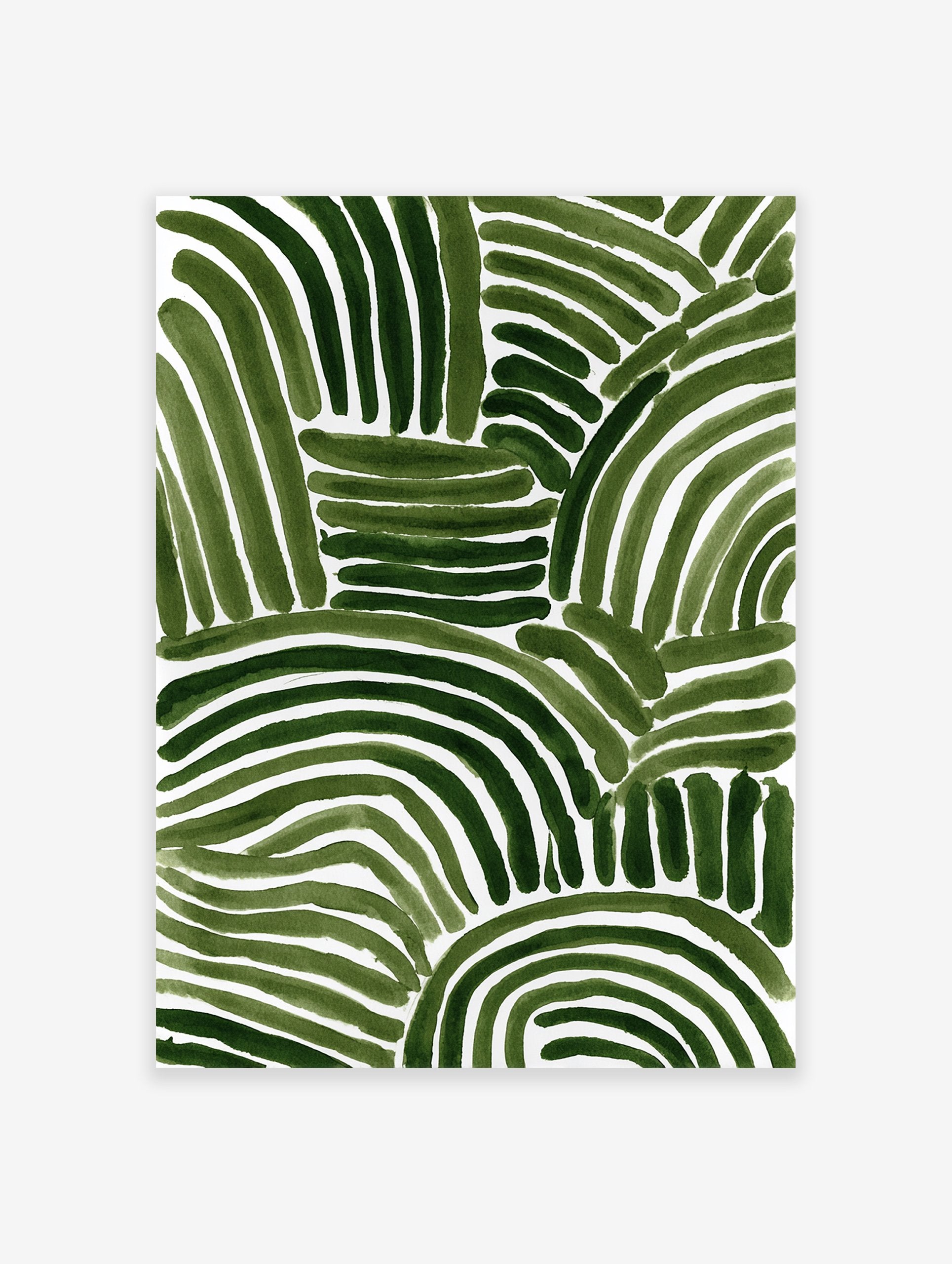 Green abstract art print with thick, organic, curved and straight brushstrokes on a white background.