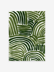 Green abstract art print with thick, organic, curved and straight brushstrokes on a white background.