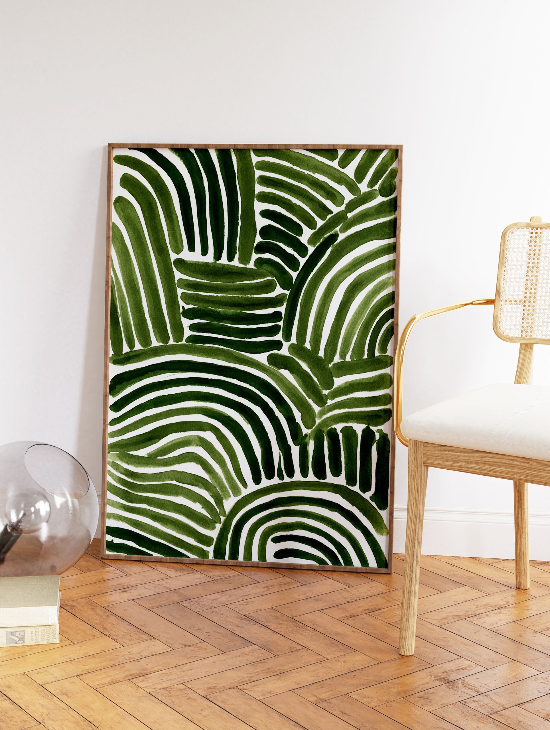 Green abstract art print with thick, organic, curved and straight brushstrokes on a white background. - Image 2