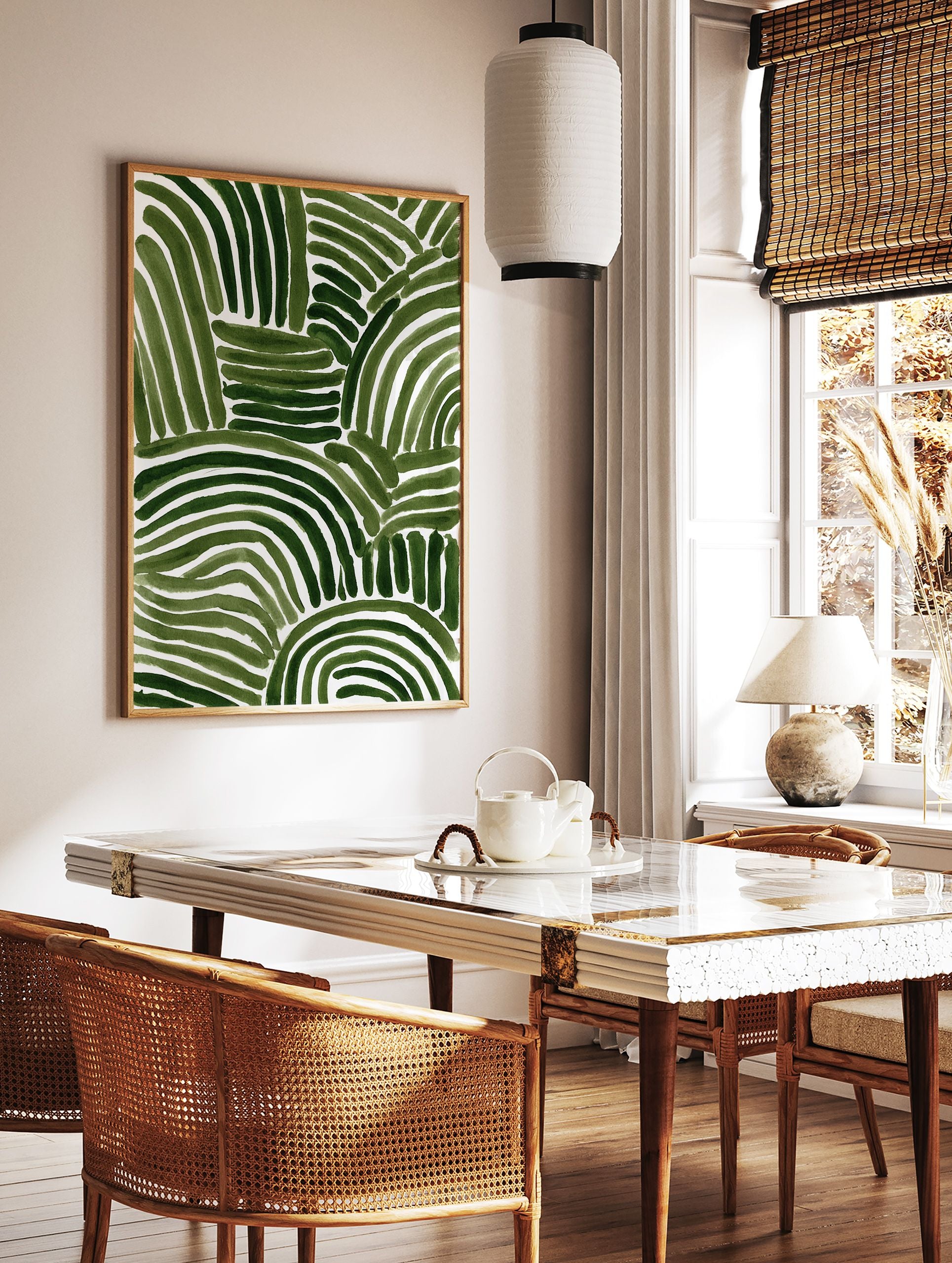 Green abstract art print with thick, organic, curved and straight brushstrokes on a white background. - Image 3
