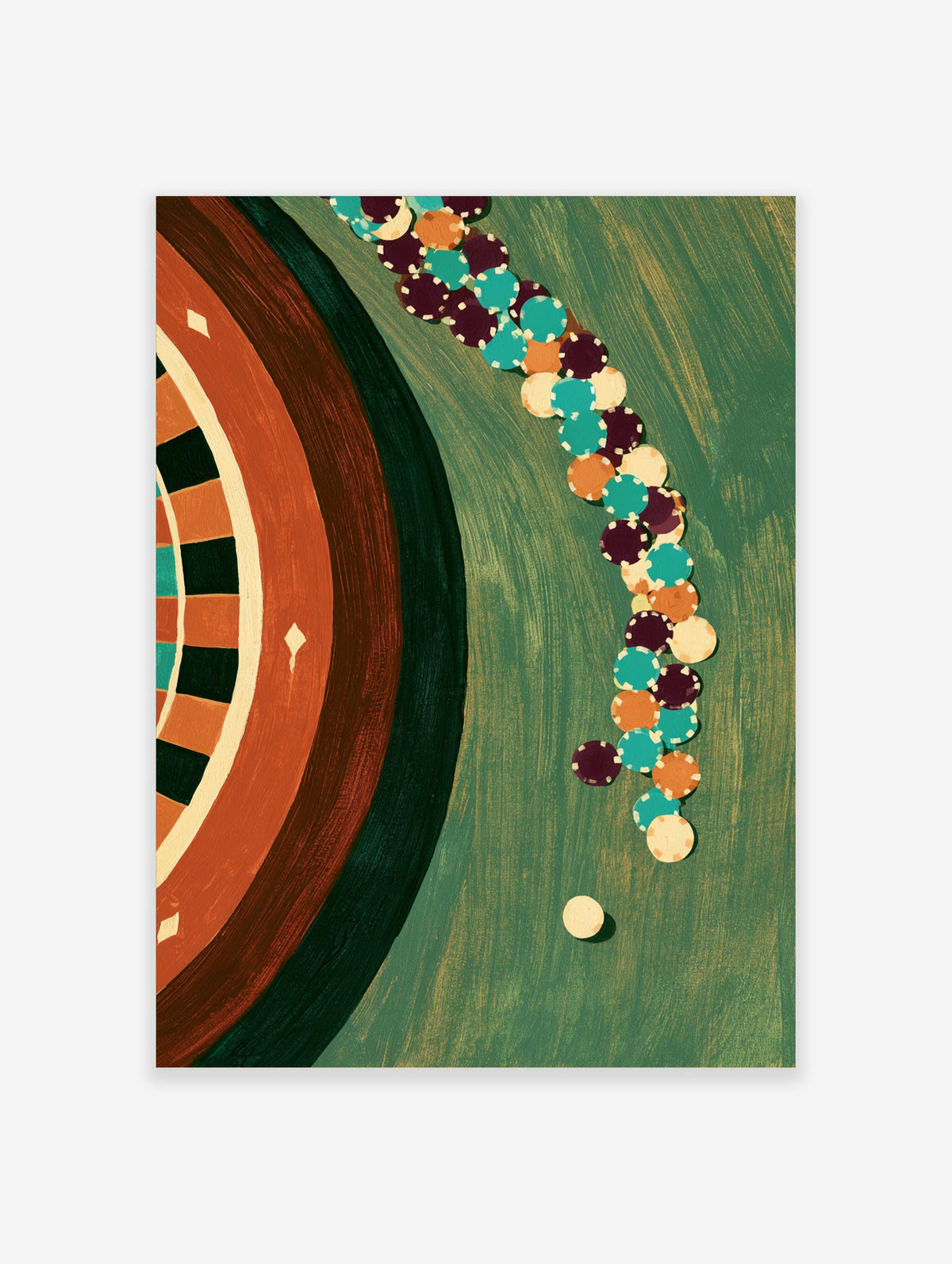 Abstract poster with curved strand of teal, plum, orange and cream beads on green background