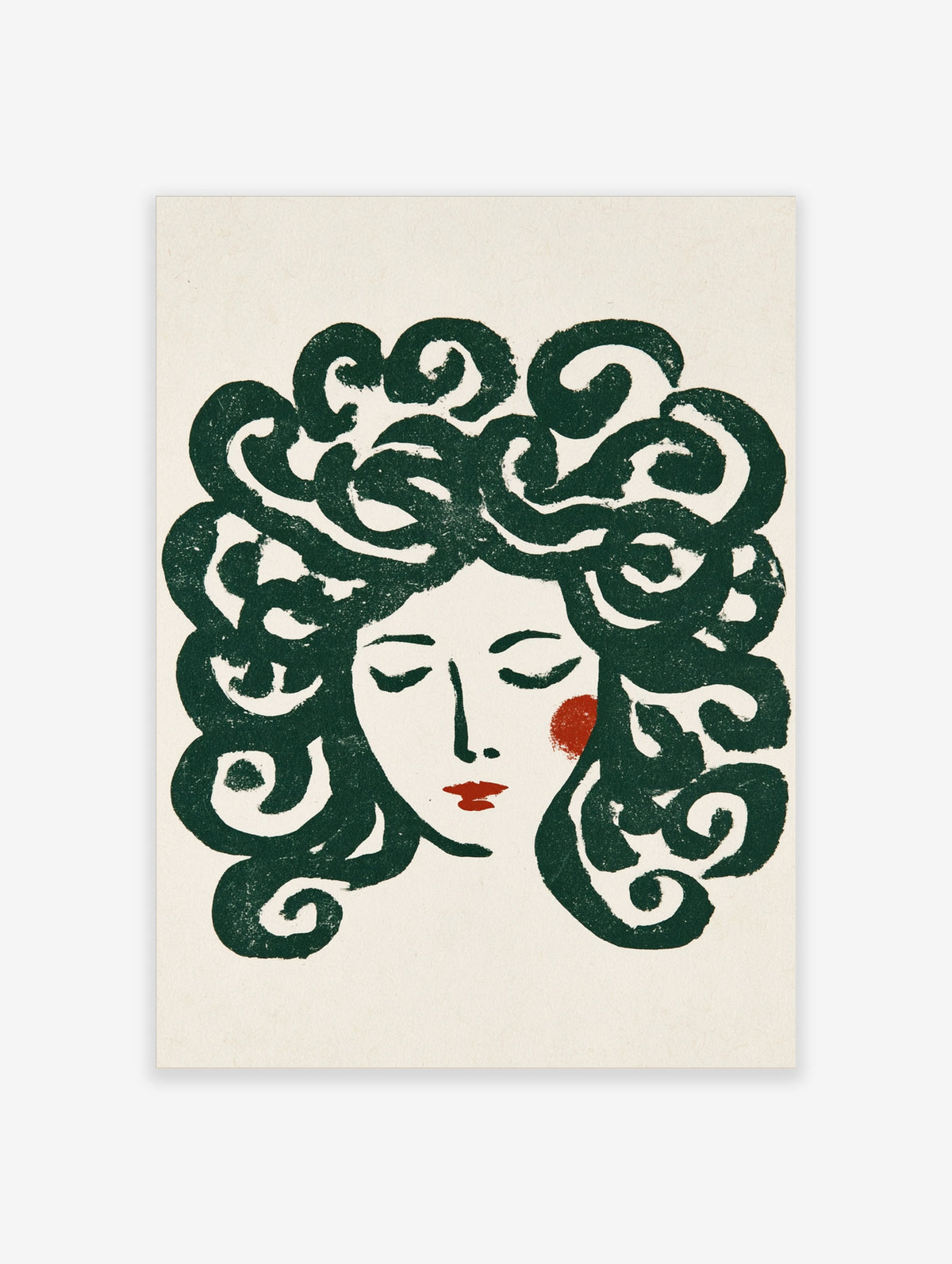 Abstract face poster with dark green swirling hair, red cheek spot, and red lips on cream background