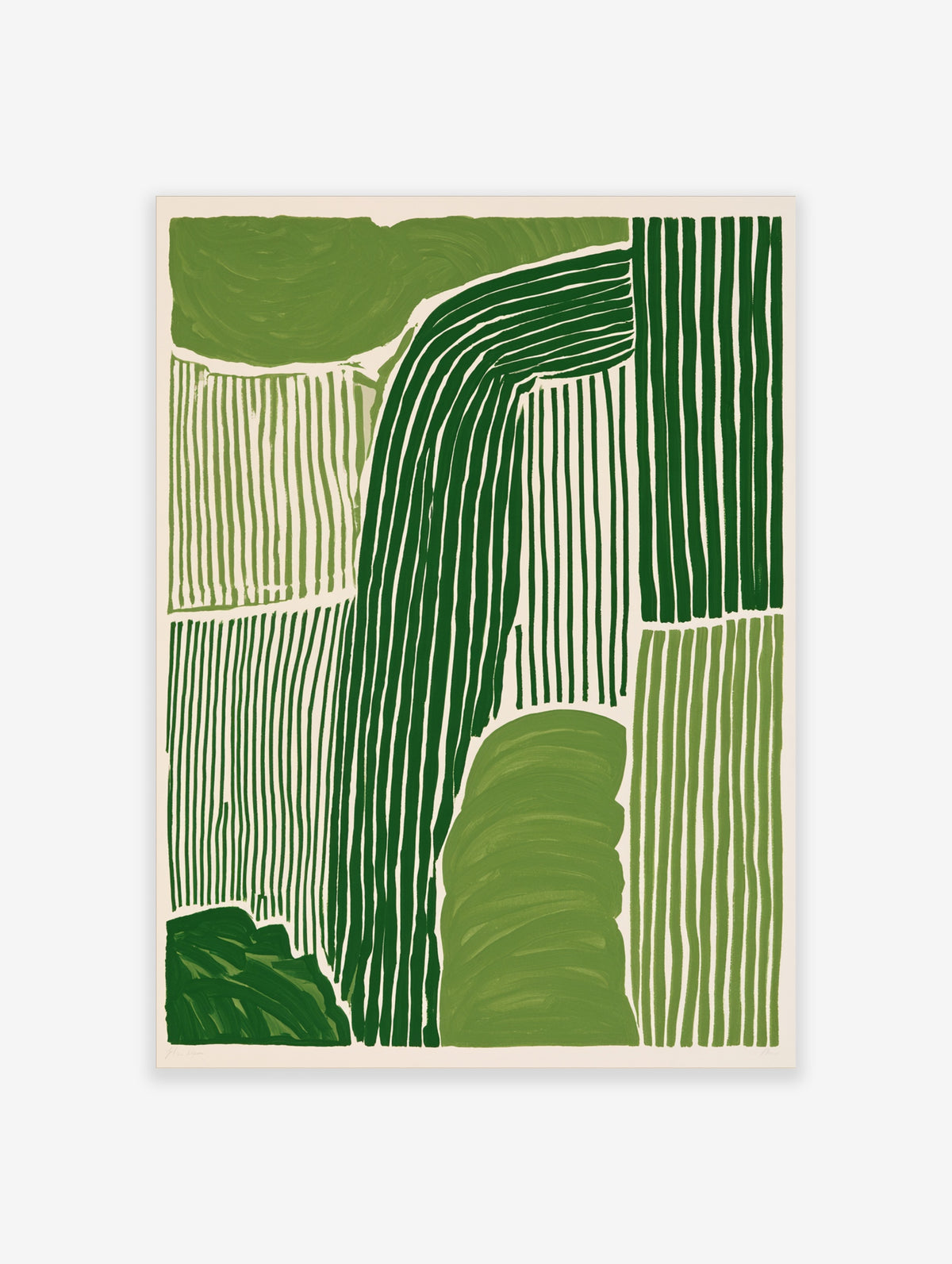 Green abstract field lines poster with bold vertical stripes and curved organic shapes in deep and light green