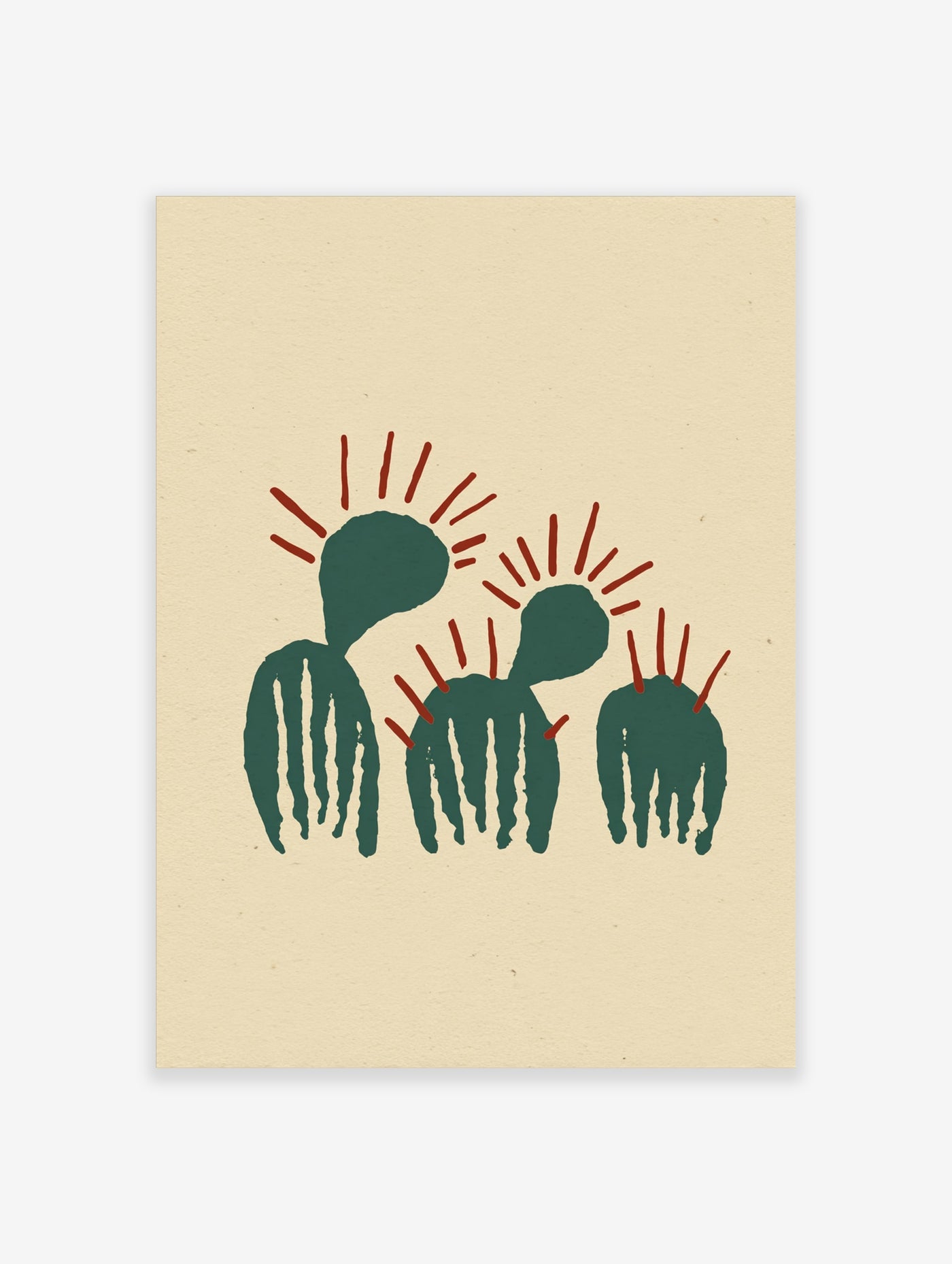 Green abstract figures with red sunburst crowns on beige background, modern art print