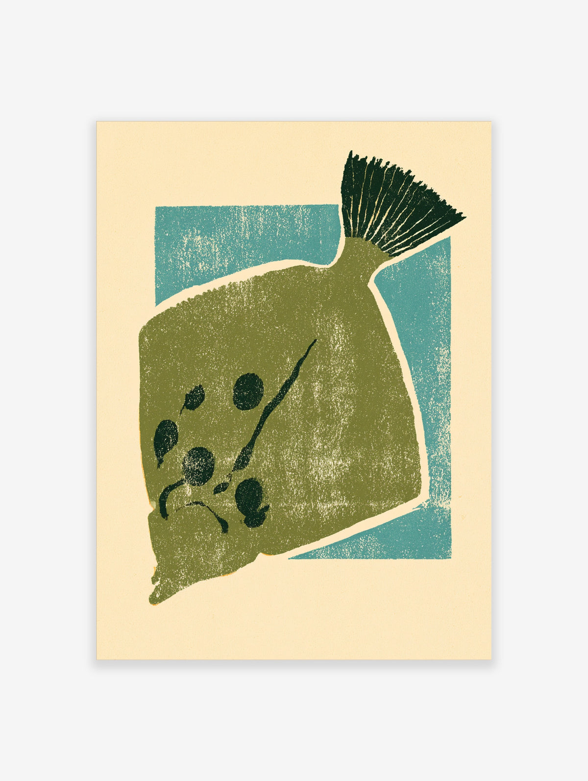 Green abstract fish art print with olive body, dark spots, and teal blue block on cream background