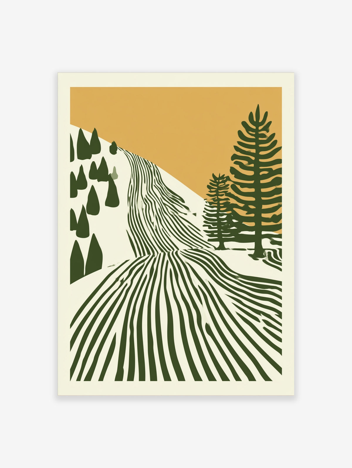 Green abstract landscape print with contour lines, pine trees, and mustard sky