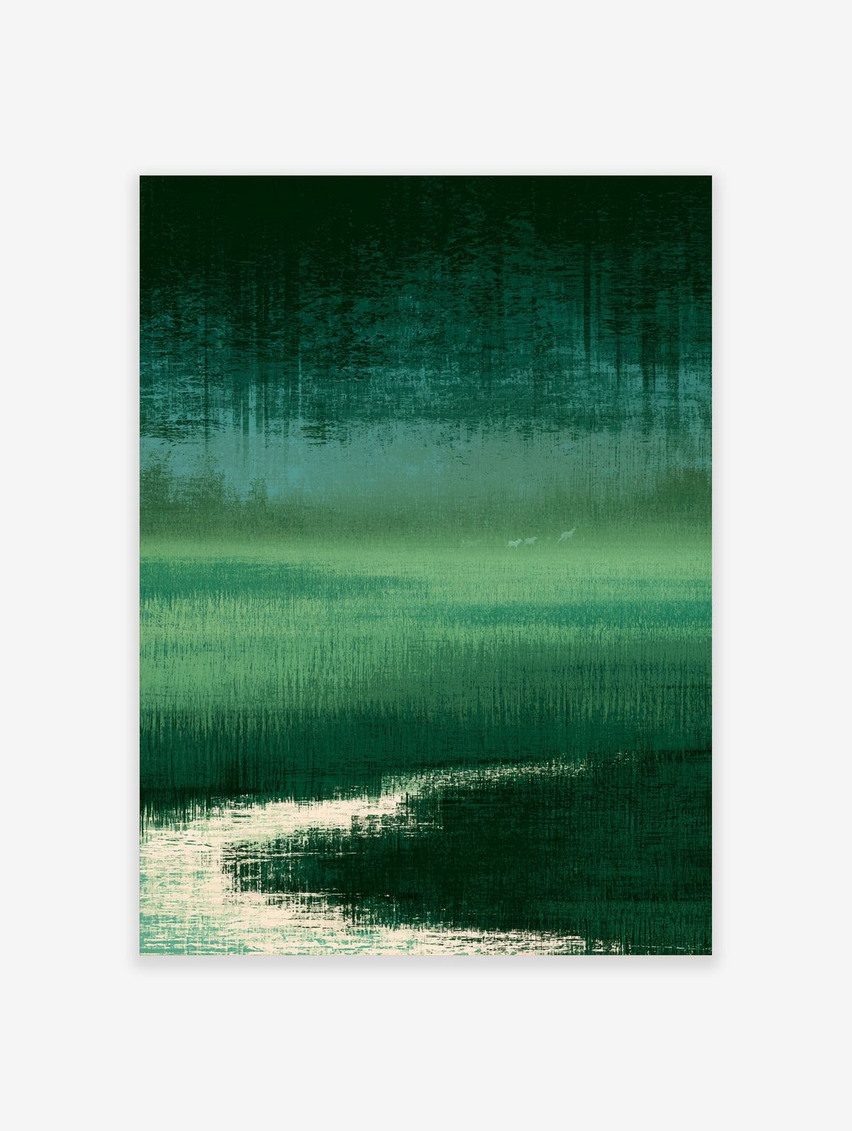Green abstract landscape poster with misty field, distant deer, and reflective stream