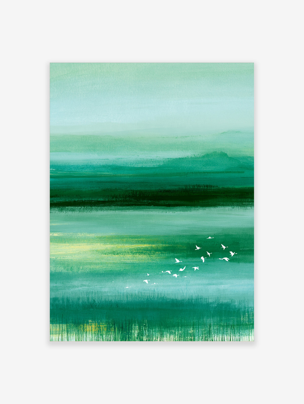Green abstract landscape art print with horizontal colour bands, misty horizon, and white birds in flight