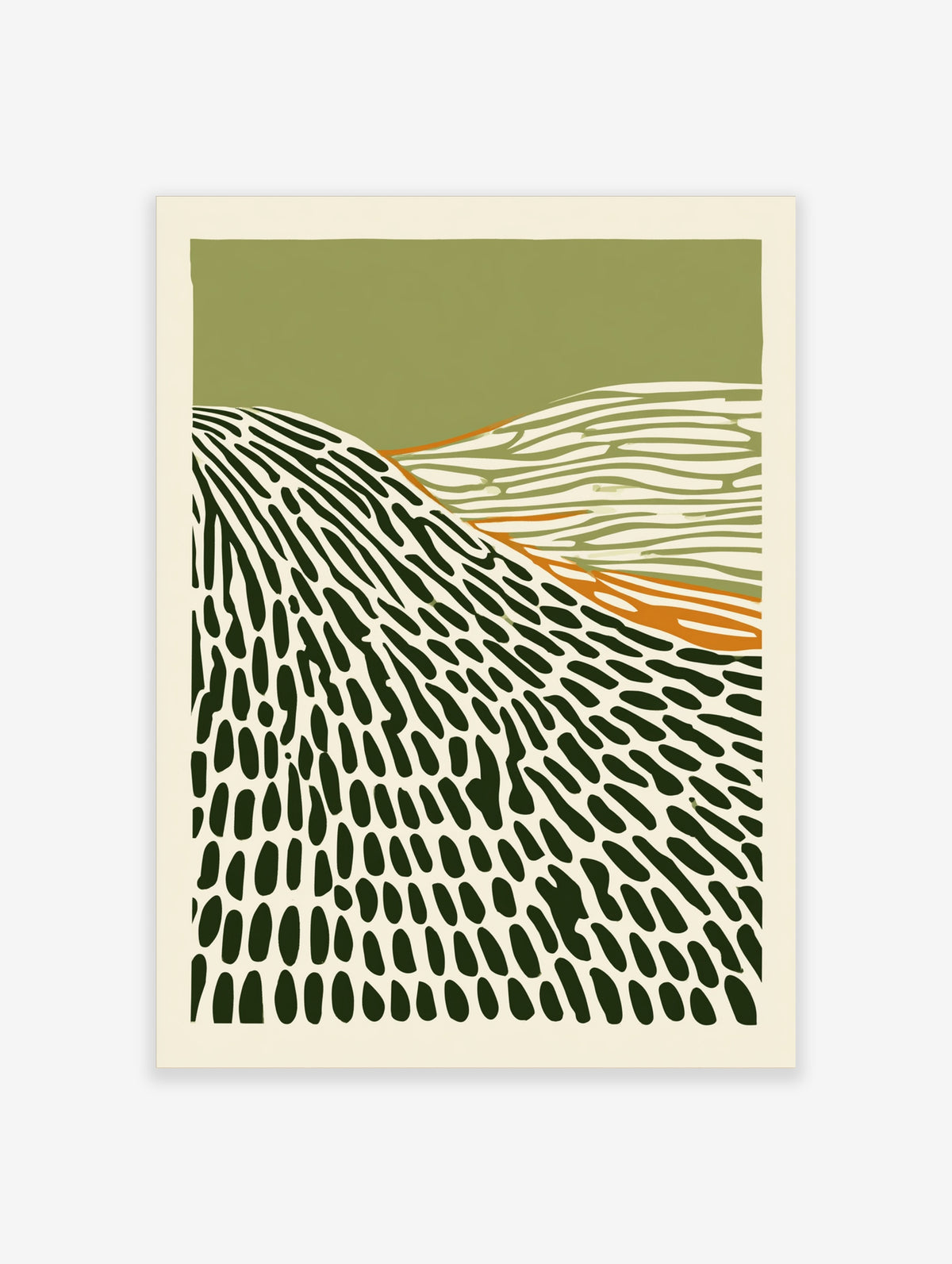 Abstract landscape print with dark green dashes, olive sky, and orange horizon line