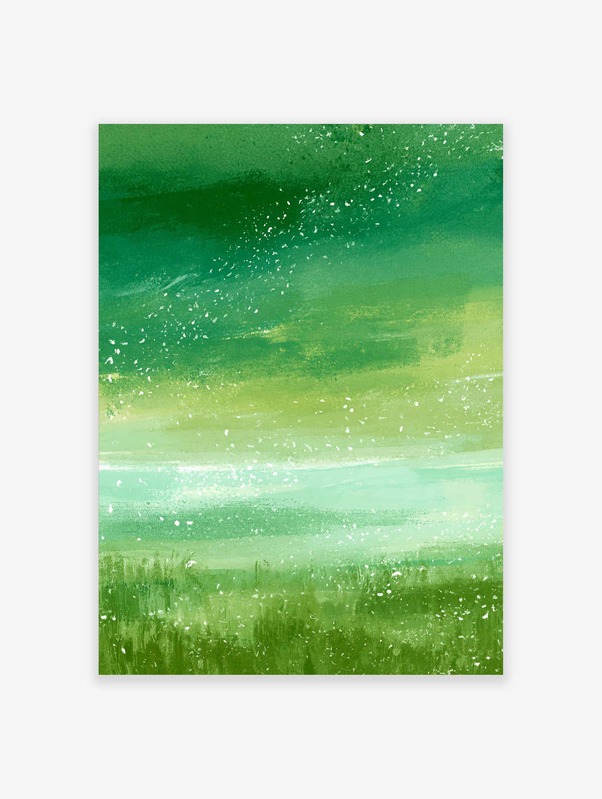 Green abstract landscape art print with layered grassy fields and white flecks