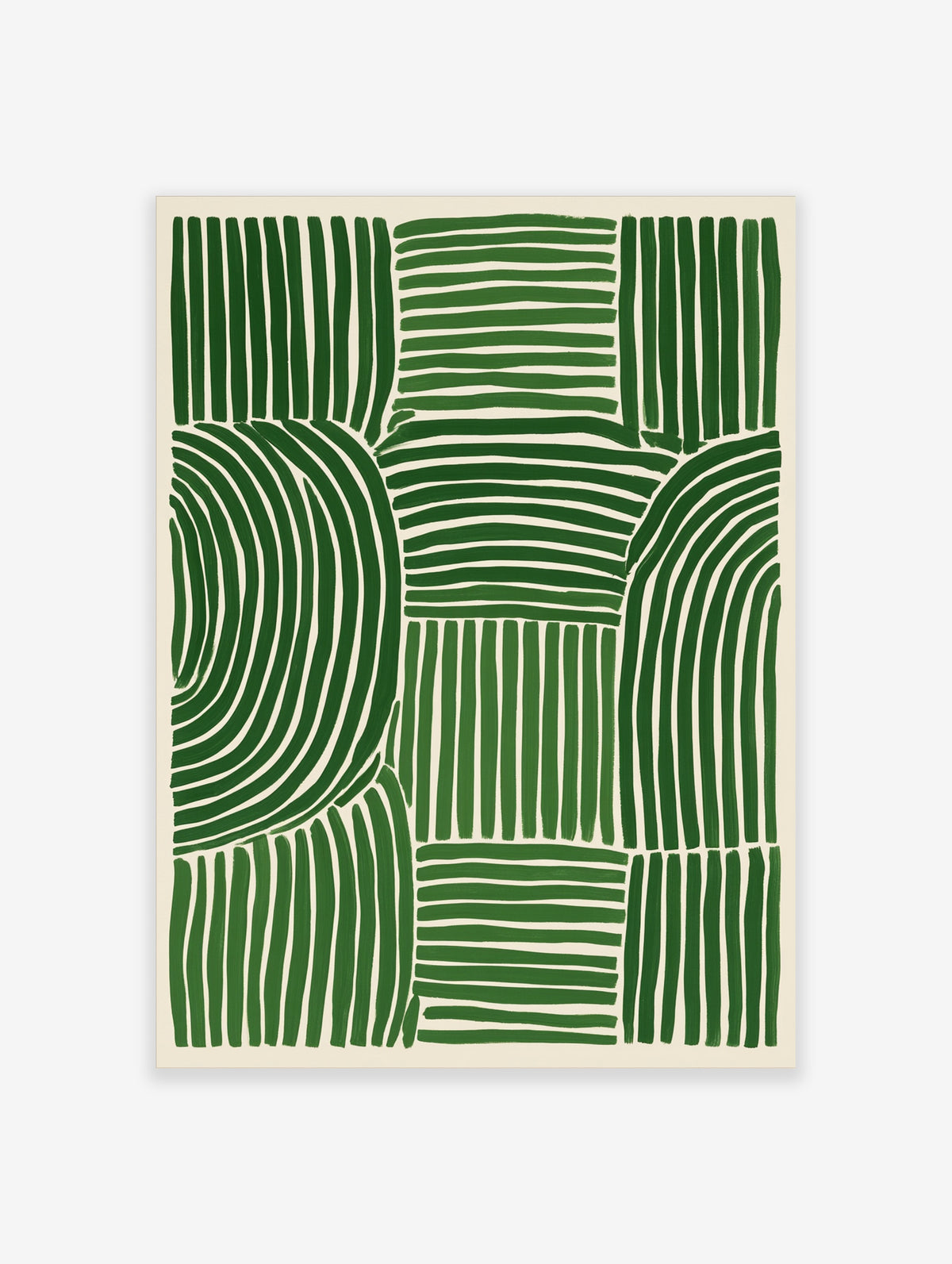 Green abstract line art poster with vertical and curved stripes on a light background