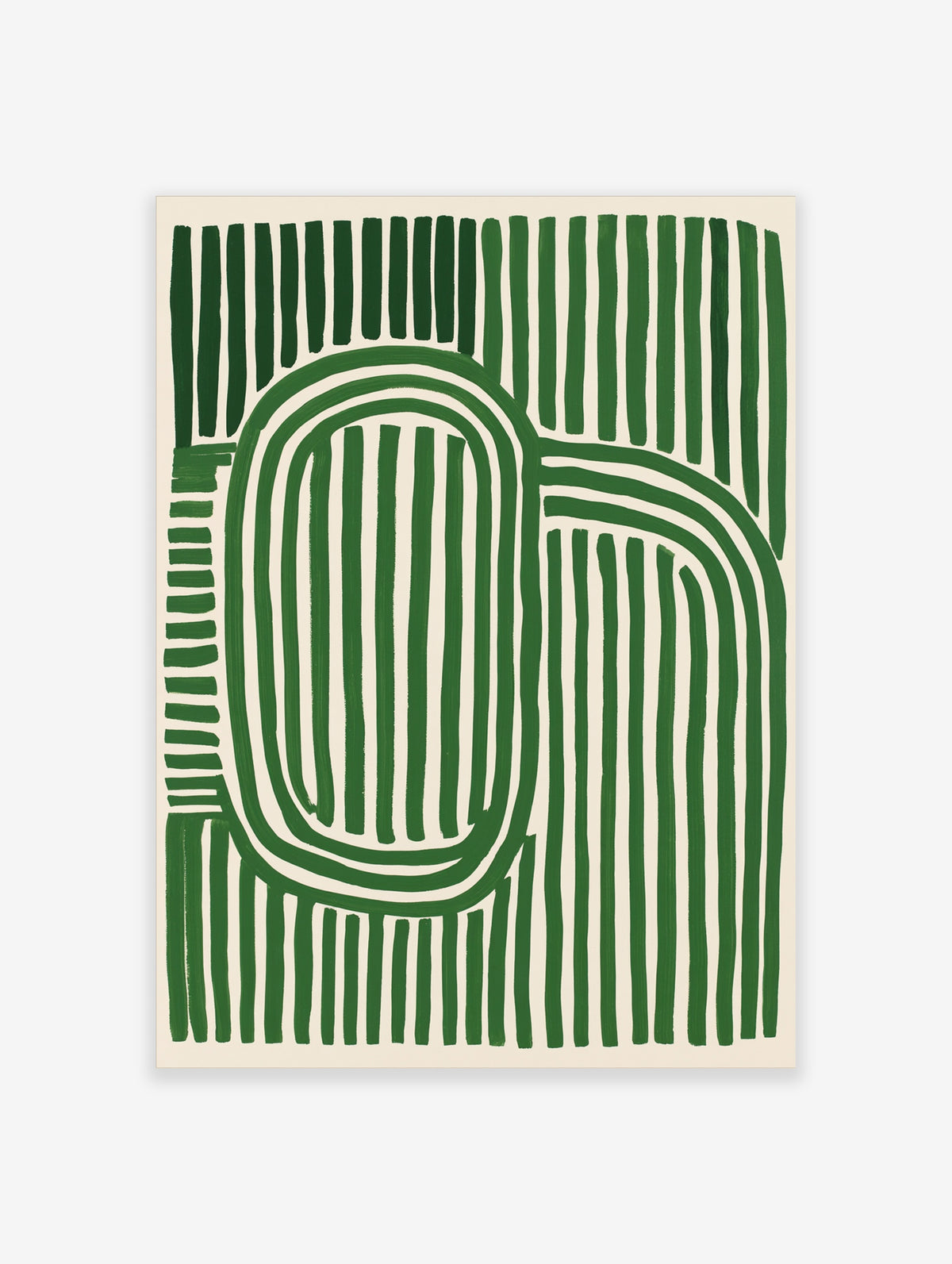 Green abstract line art print with vertical stripes and oval motif on beige background