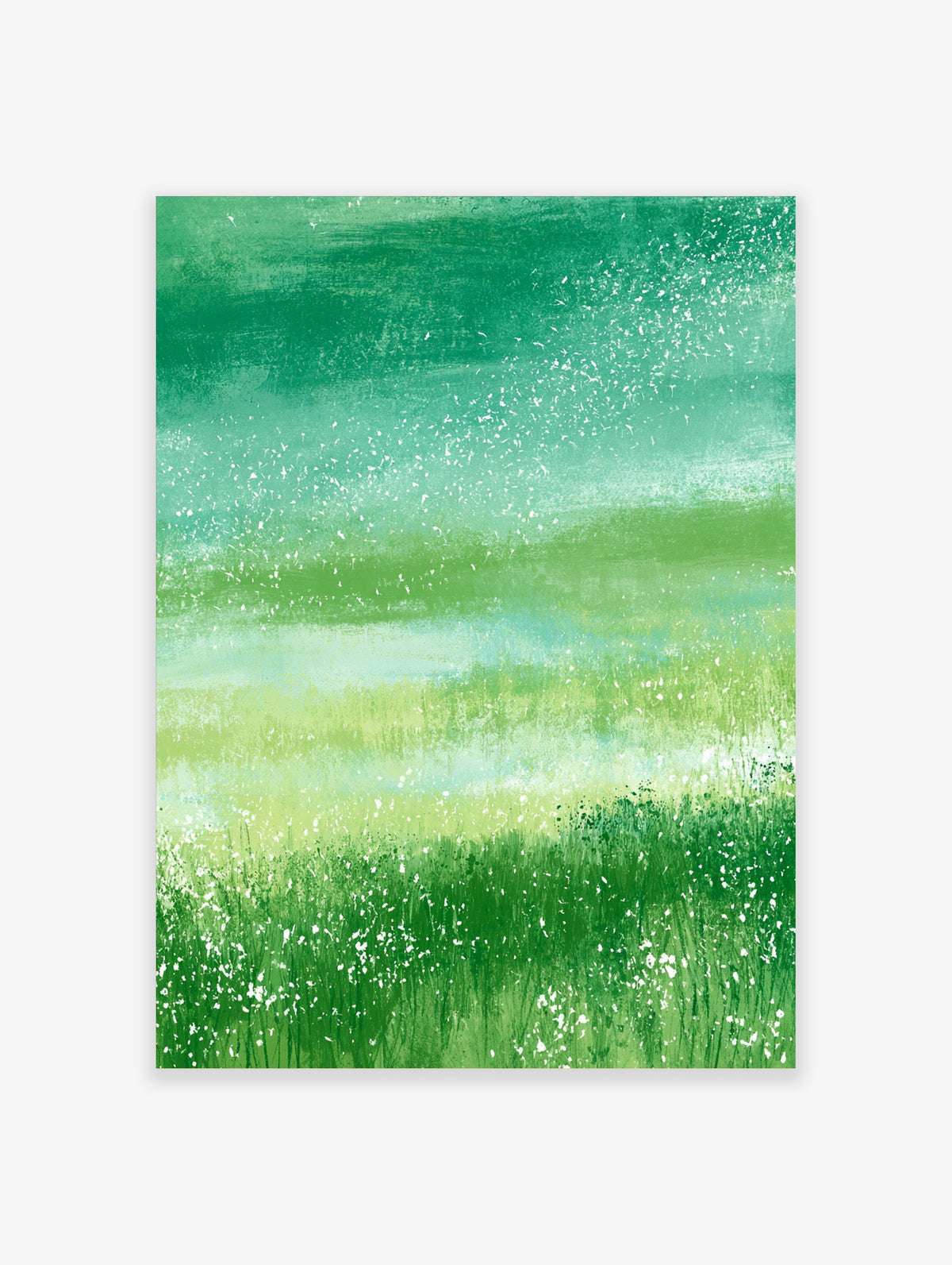 Abstract green meadow art print with layered brushstrokes and white wildflower flecks