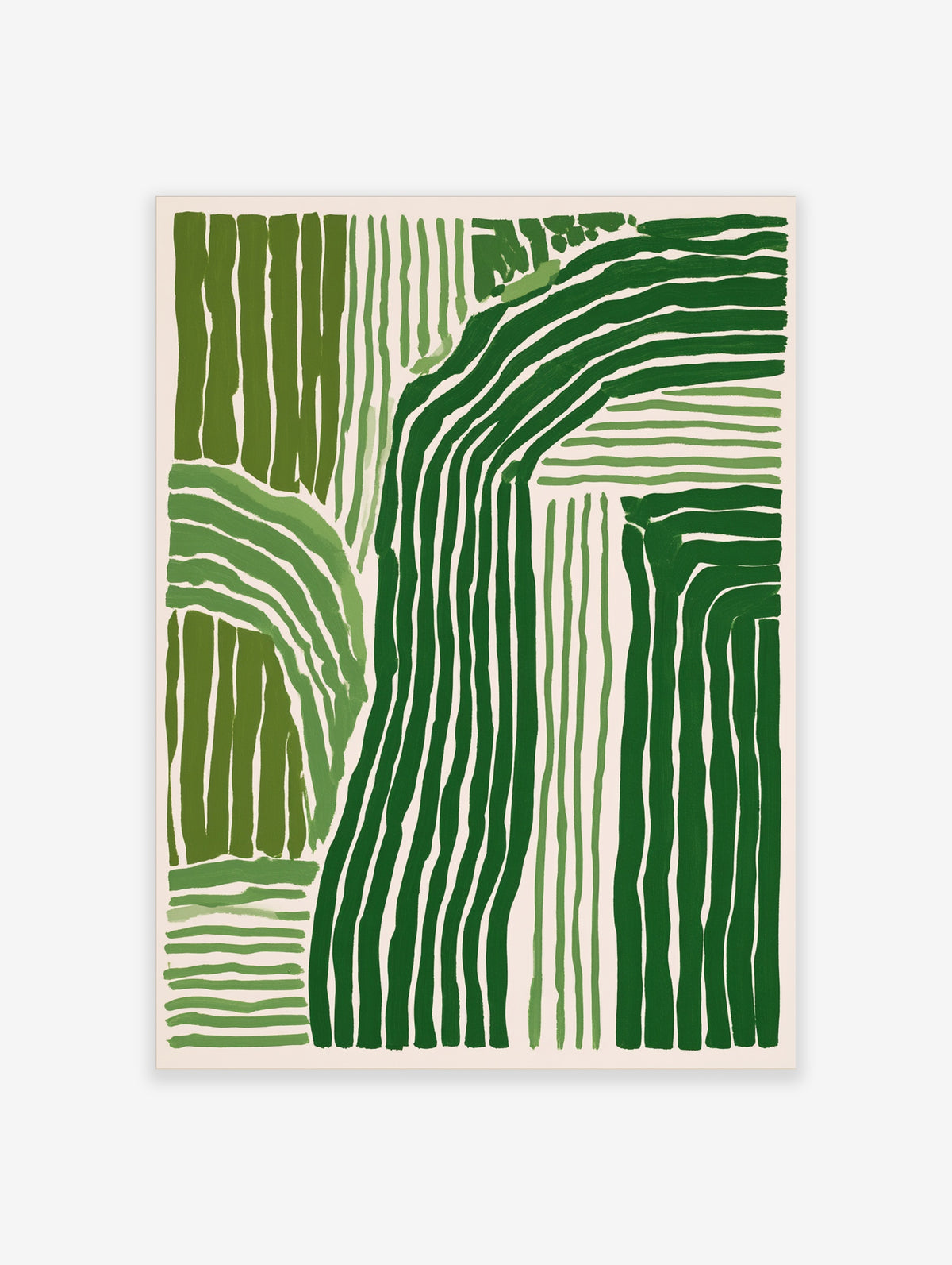 Green abstract stripe poster with vertical and curved lines on cream background, unframed paper print