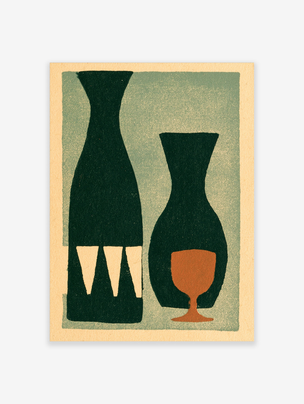 Green abstract still life poster with tall bottle, vase and rust goblet on sage background