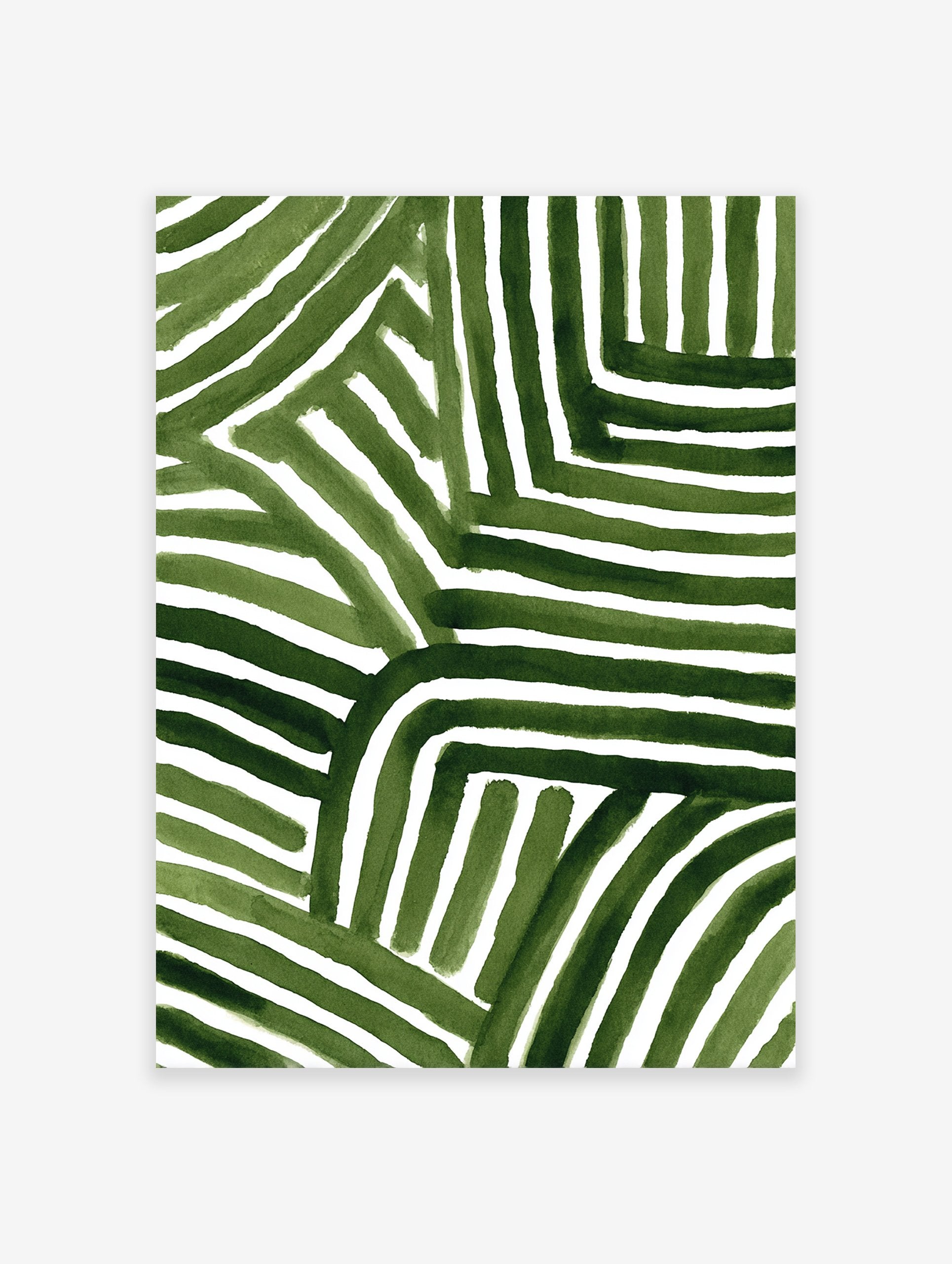 Green abstract wall art with hand-painted vertical and horizontal stripes creating a geometric pattern on a white background.