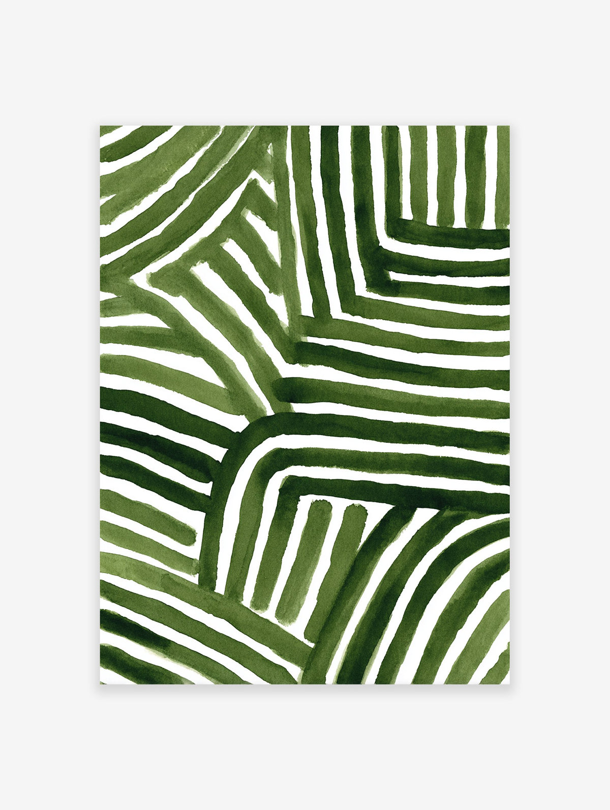 Green abstract wall art with hand-painted vertical and horizontal stripes creating a geometric pattern on a white background.