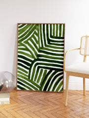 Green abstract wall art with hand-painted vertical and horizontal stripes creating a geometric pattern on a white background. - Image 2