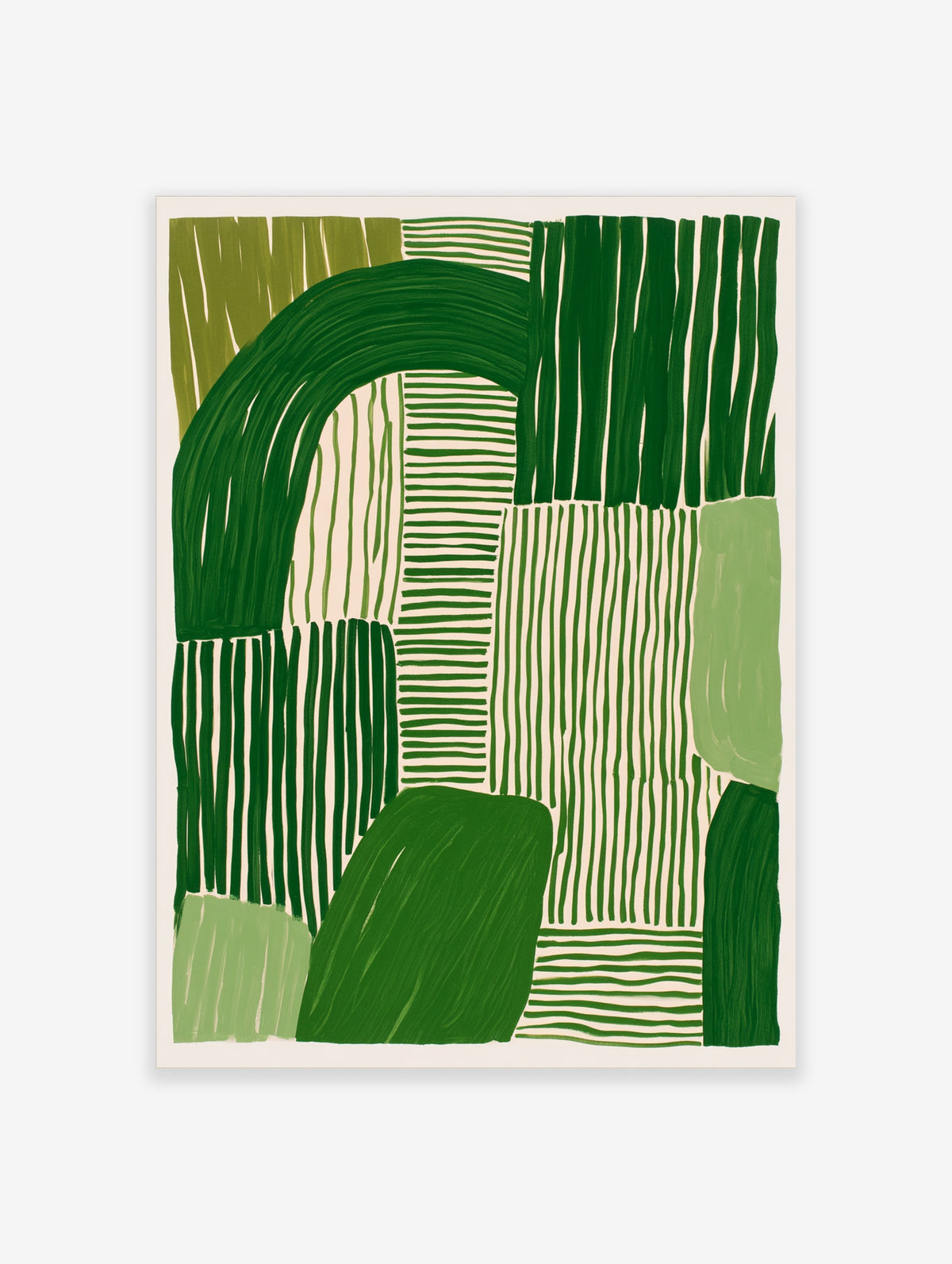 Green abstract art print with curved arch, vertical stripes and horizontal lines on cream background