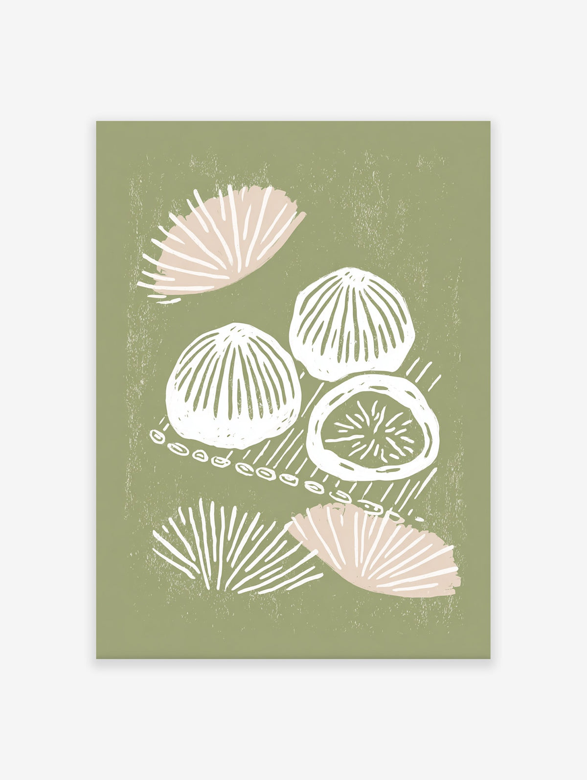 Green abstract wall art featuring white and pink organic, shell-like shapes with a distressed texture on a sage green background.
