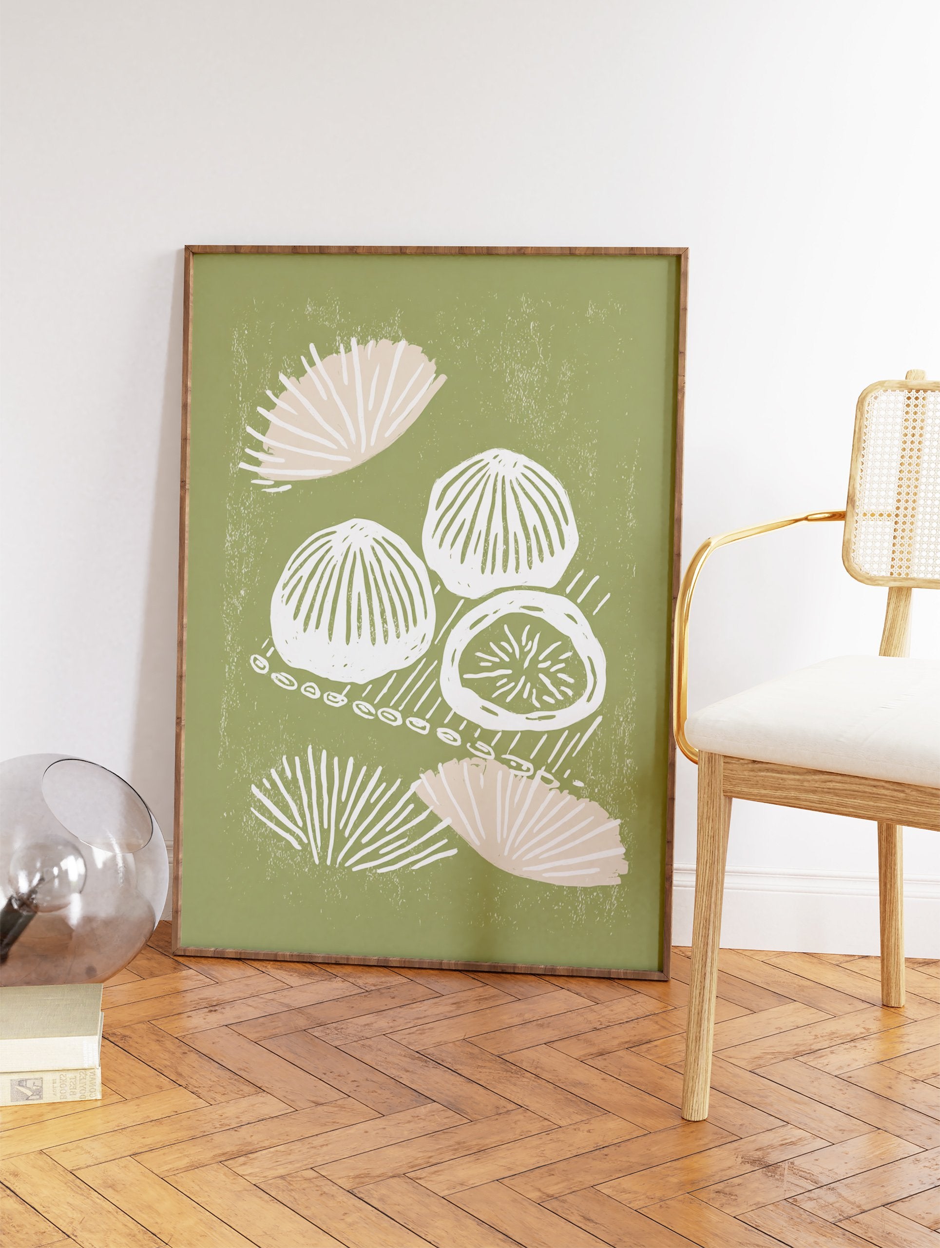 Green abstract wall art featuring white and pink organic, shell-like shapes with a distressed texture on a sage green background. - Image 2