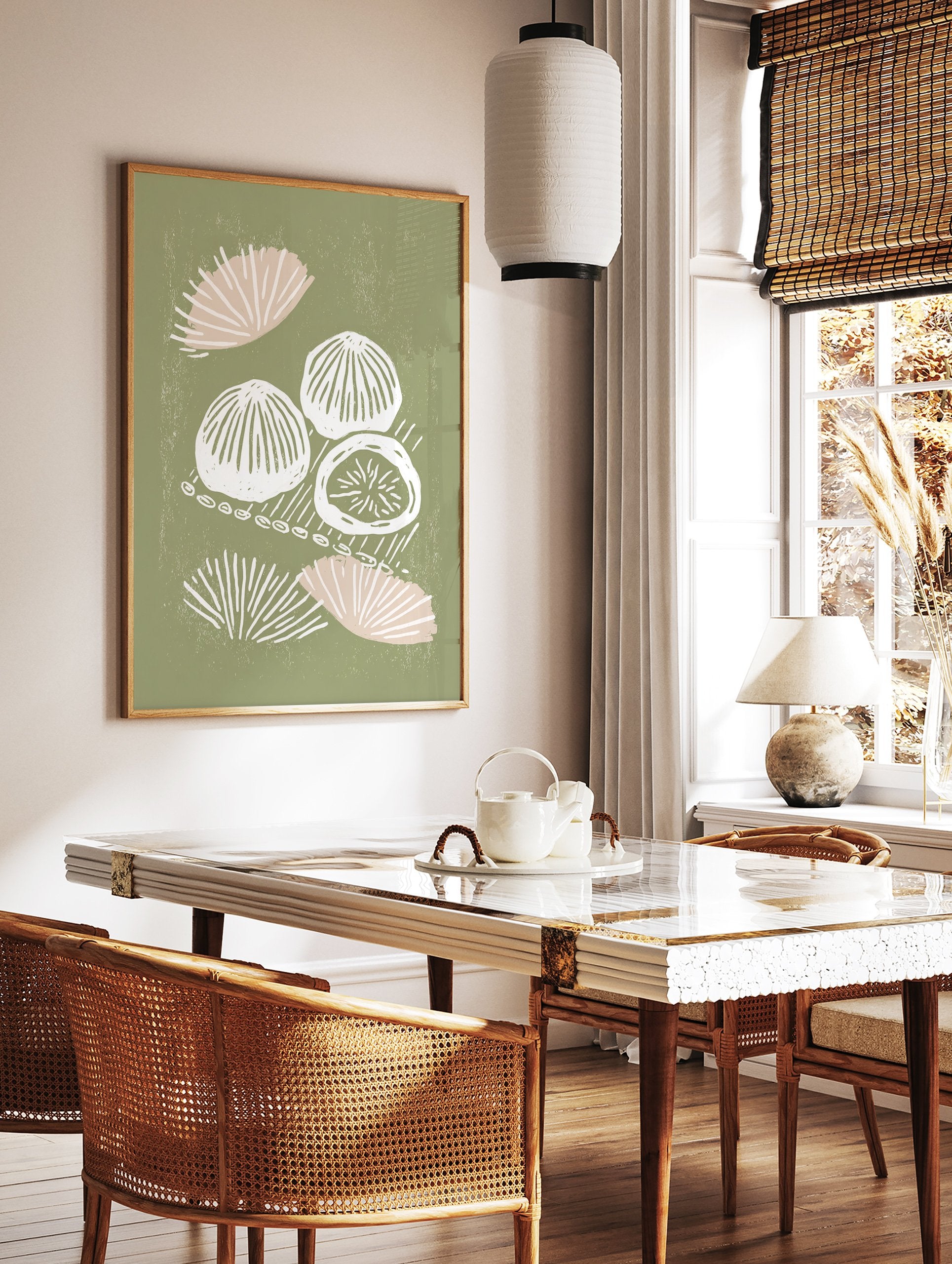 Green abstract wall art featuring white and pink organic, shell-like shapes with a distressed texture on a sage green background. - Image 3