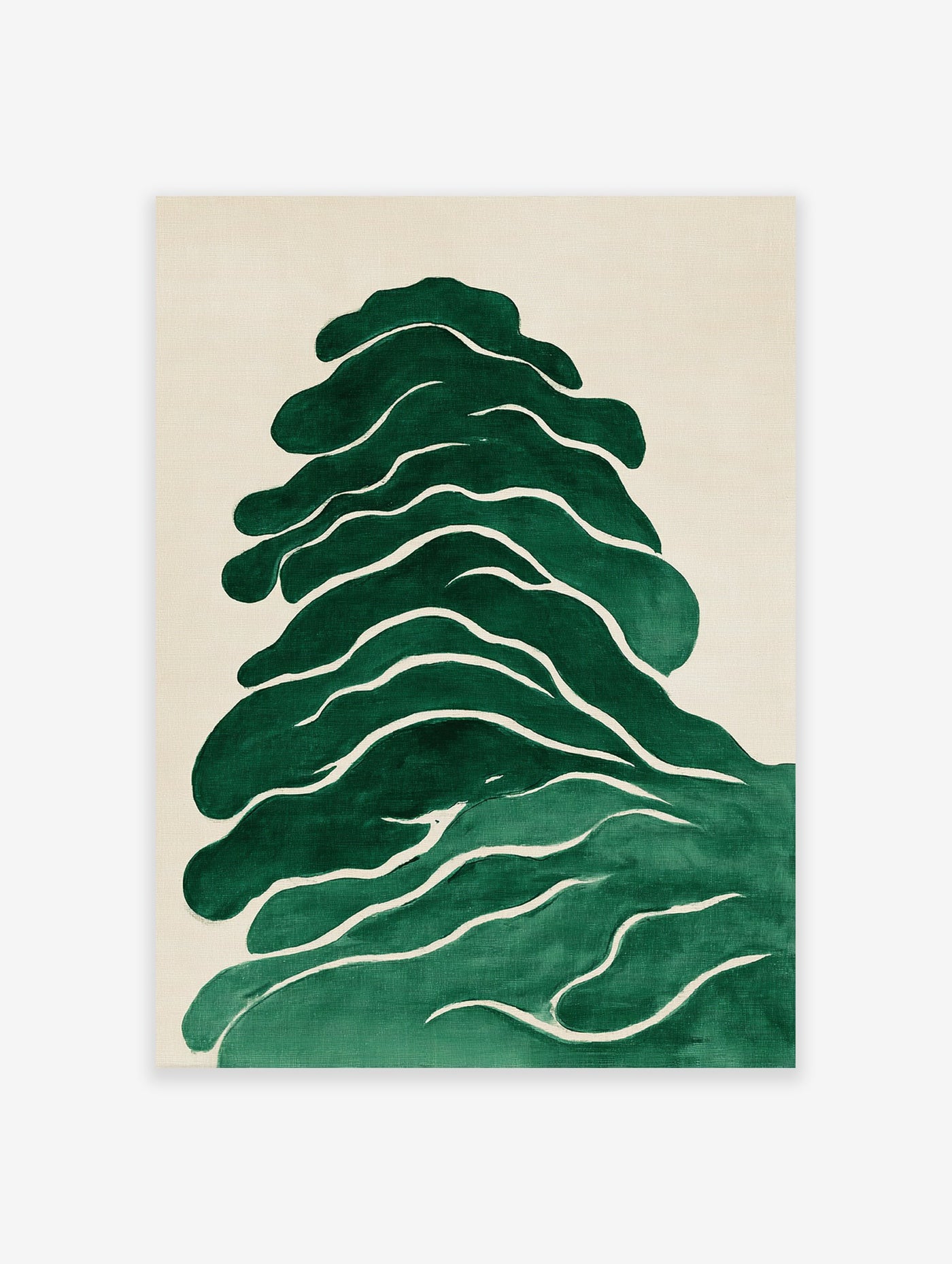 Green abstract wall art with organic, flowing leaf-like shapes on a light beige canvas, offering a minimalist nature design.