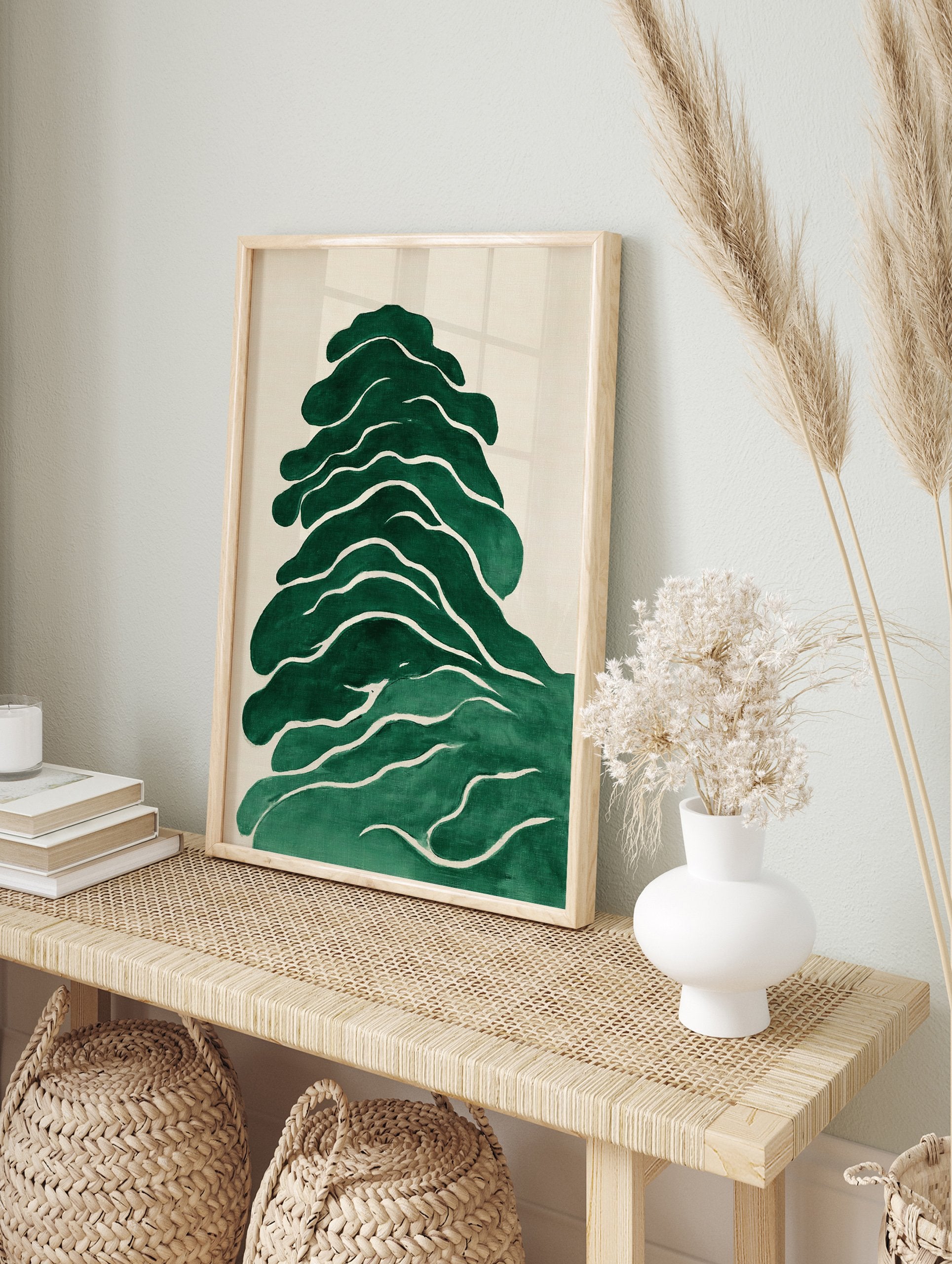 Green abstract wall art with organic, flowing leaf-like shapes on a light beige canvas, offering a minimalist nature design. - Image 3