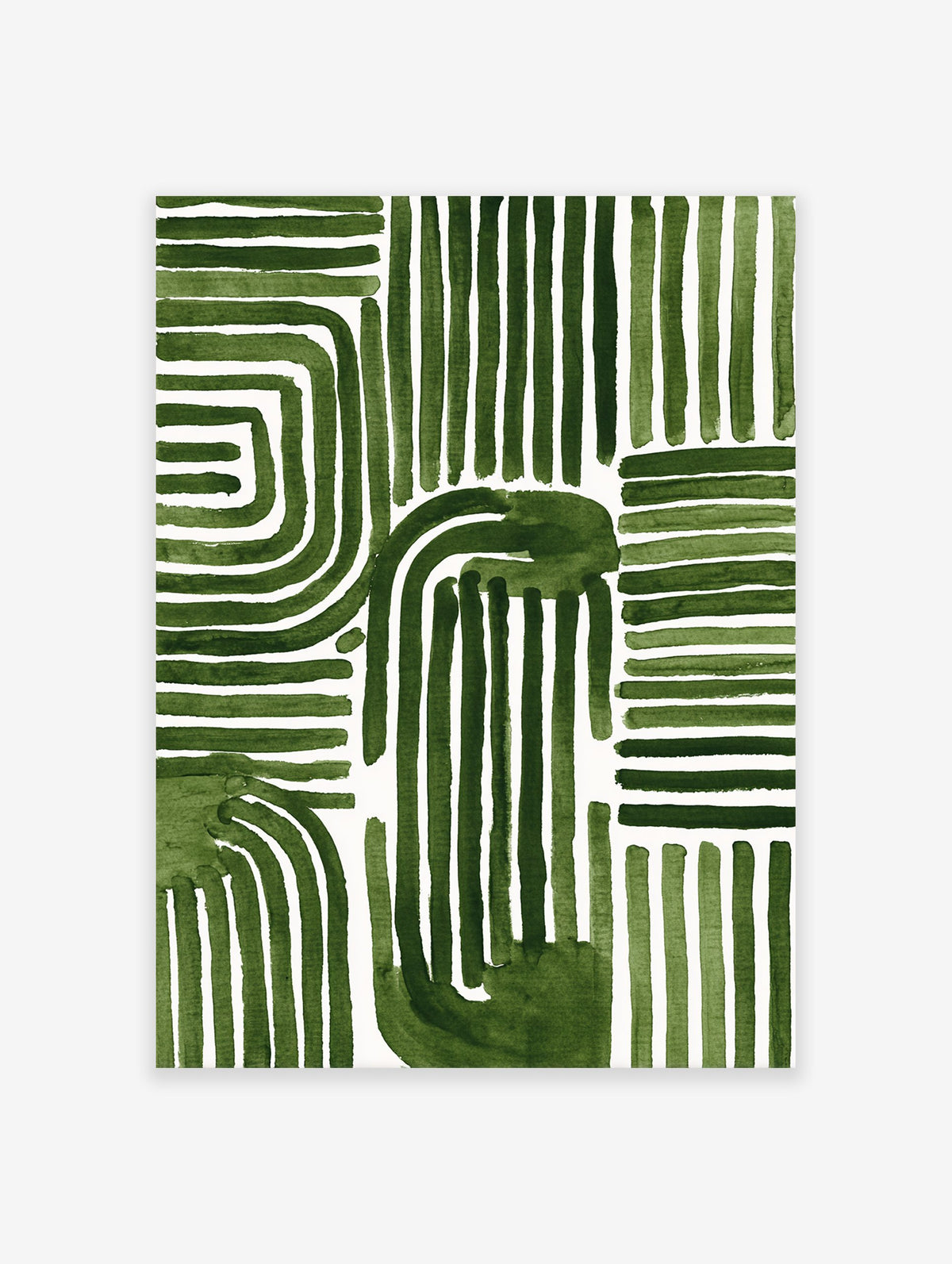 Green abstract pattern wall art with thick, hand-painted lines and organic shapes on a white background.