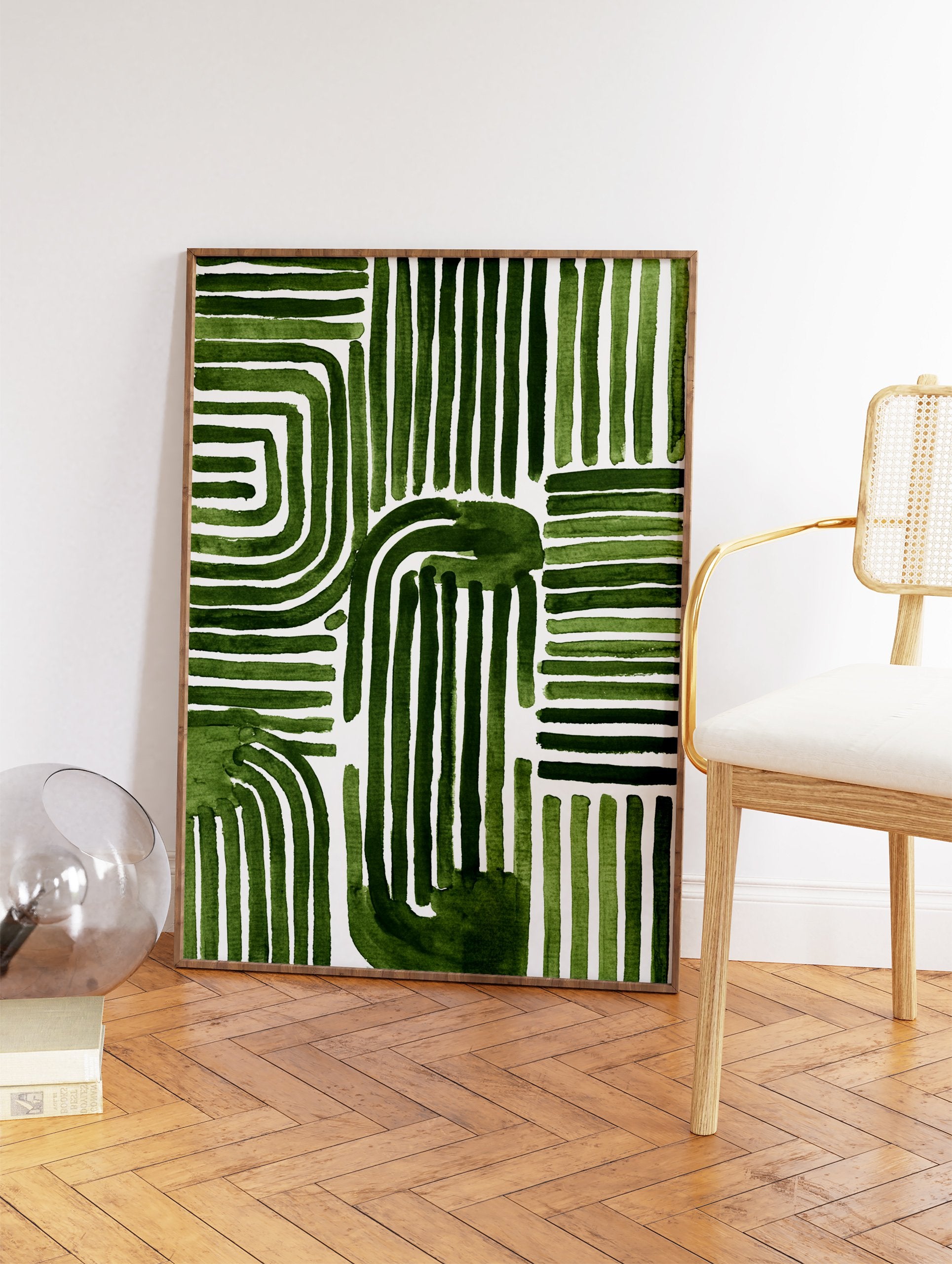 Green abstract pattern wall art with thick, hand-painted lines and organic shapes on a white background. - Image 2