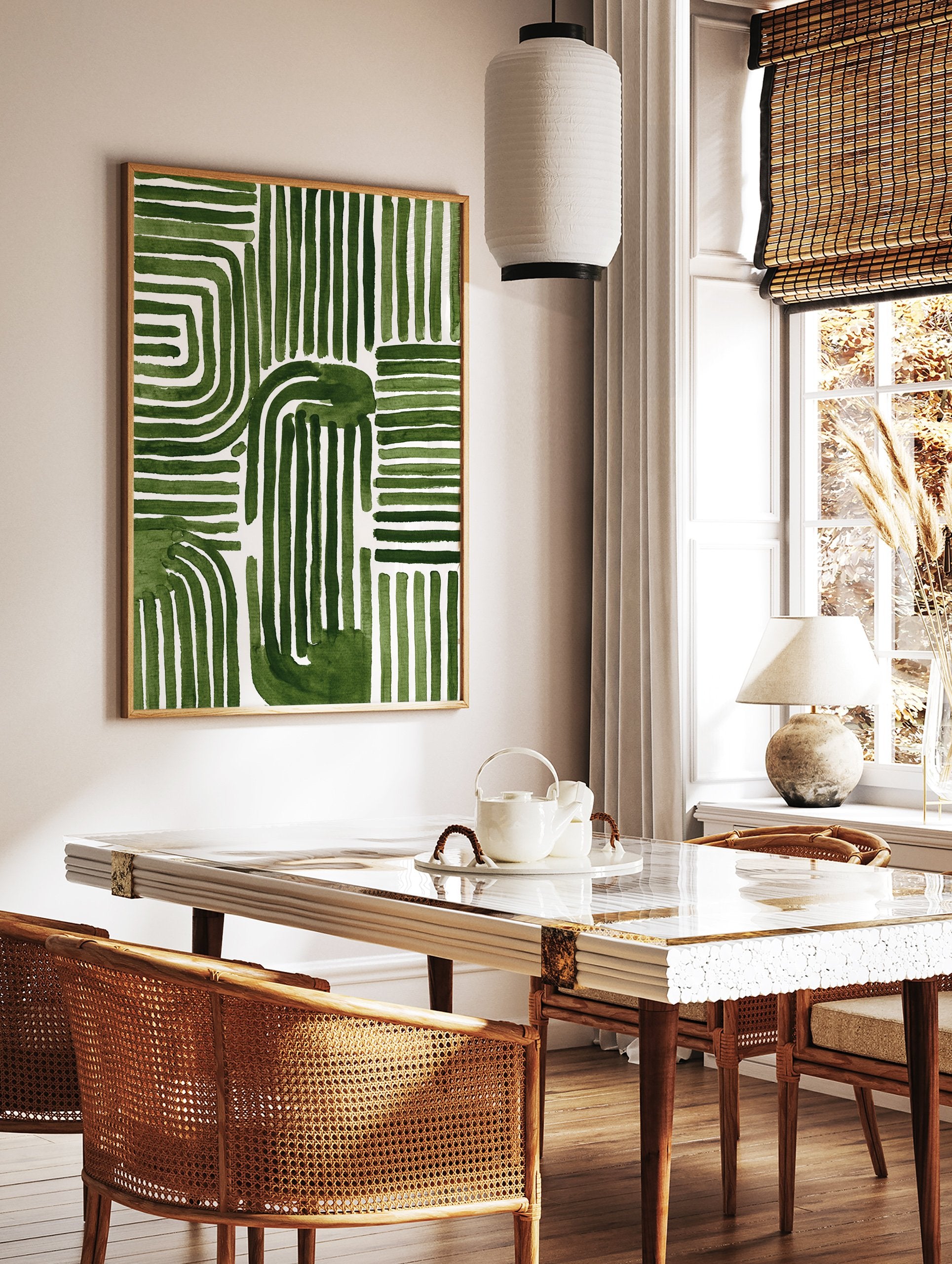 Green abstract pattern wall art with thick, hand-painted lines and organic shapes on a white background. - Image 3