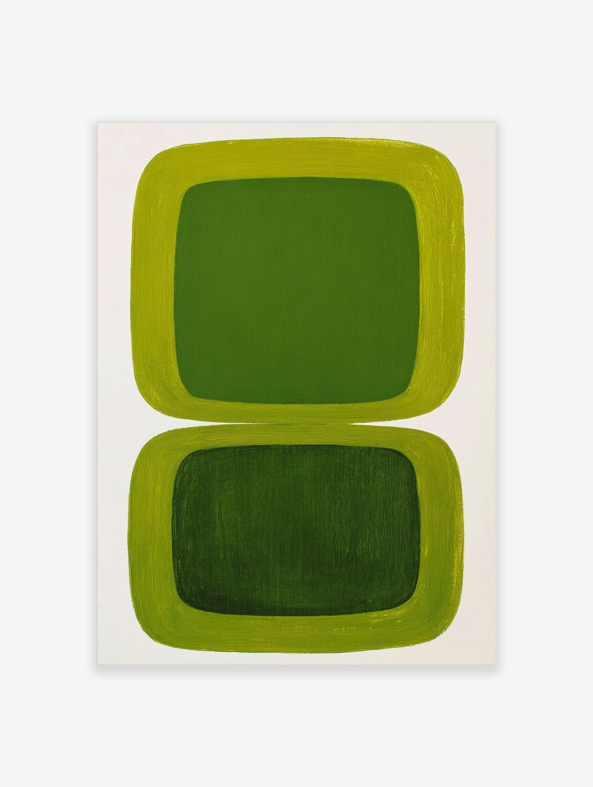 Green abstract wall art with two stacked rounded rectangular shapes, lime green borders and dark green centres