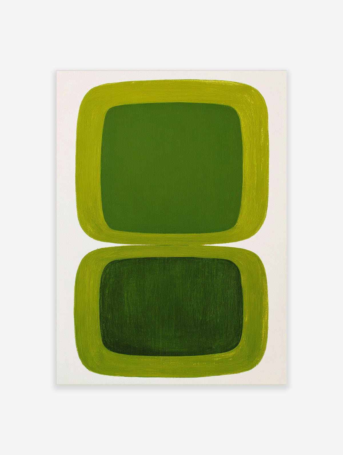 Green abstract wall art with two stacked rounded rectangular shapes, lime green borders and dark green centres