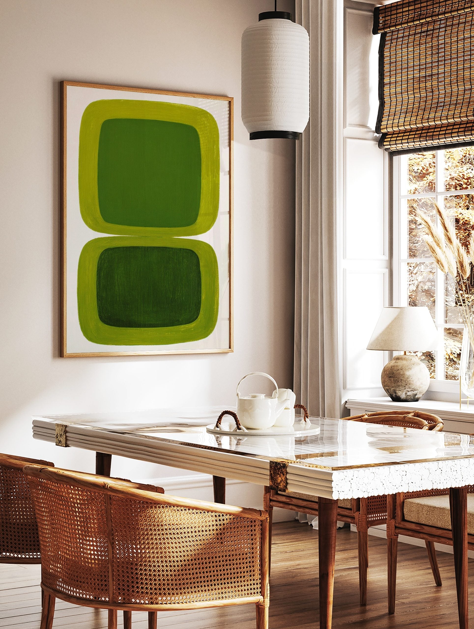 Green abstract wall art with two stacked rounded rectangular shapes, lime green borders and dark, in a styled room mockup