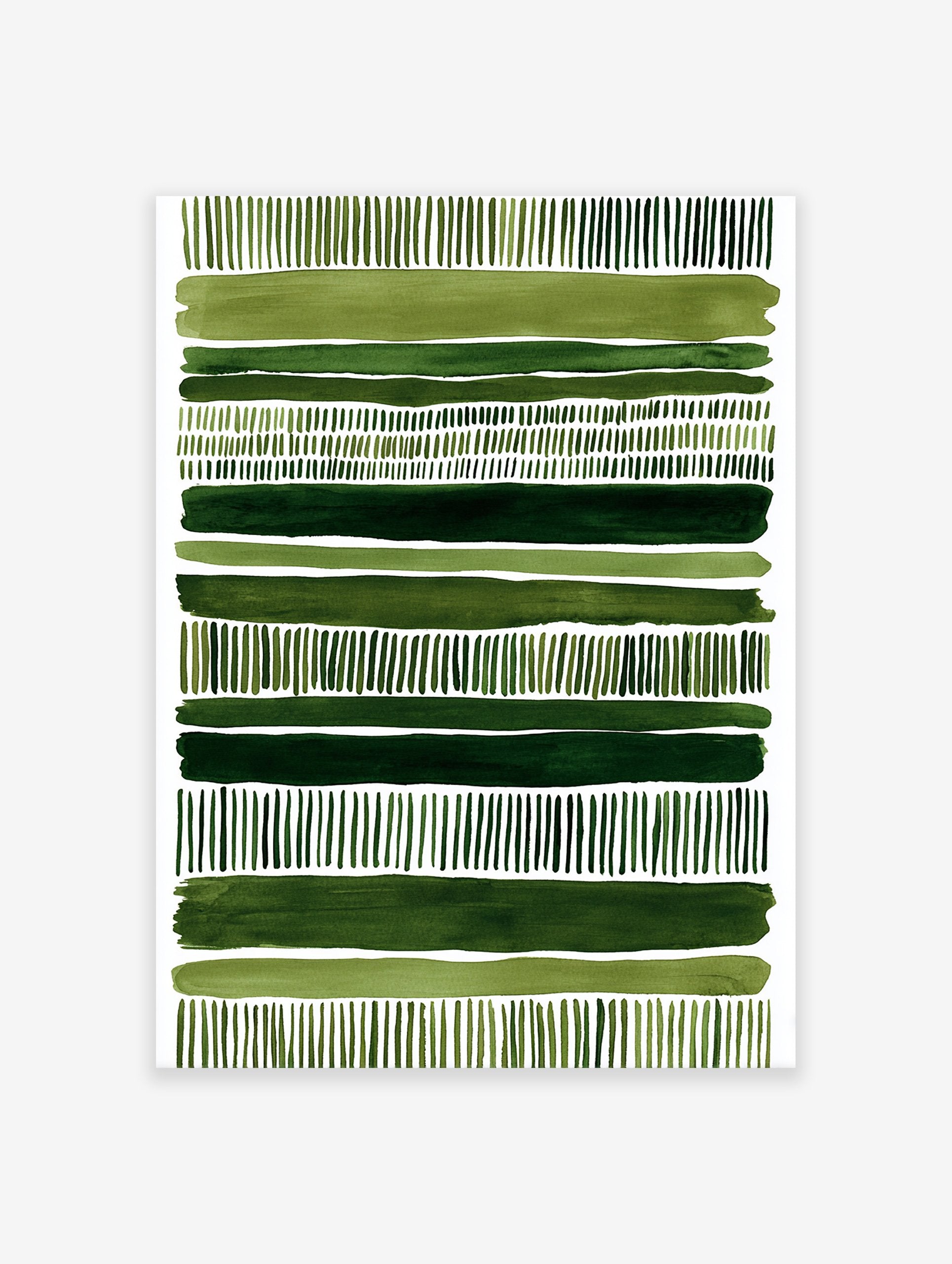Green abstract wall art print with horizontal watercolor stripes and vertical dash patterns on a white background.