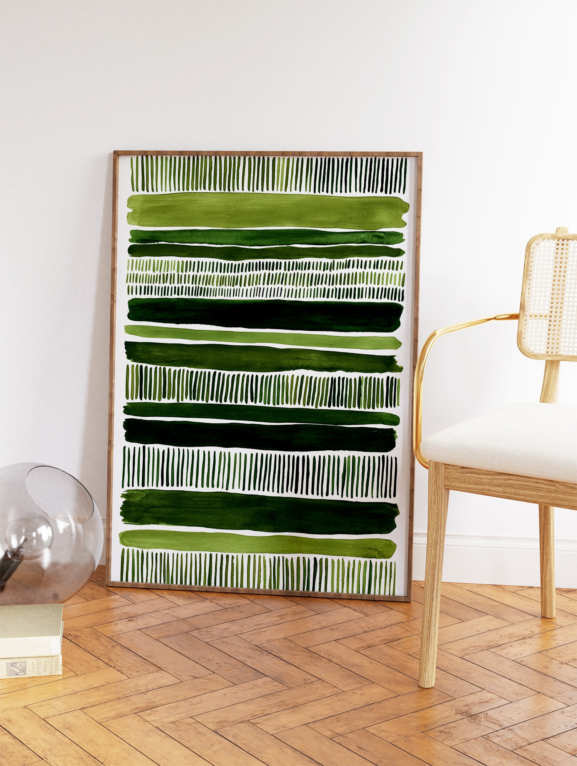 Green abstract wall art print with horizontal watercolor stripes and vertical dash patterns on a white background. - Image 2