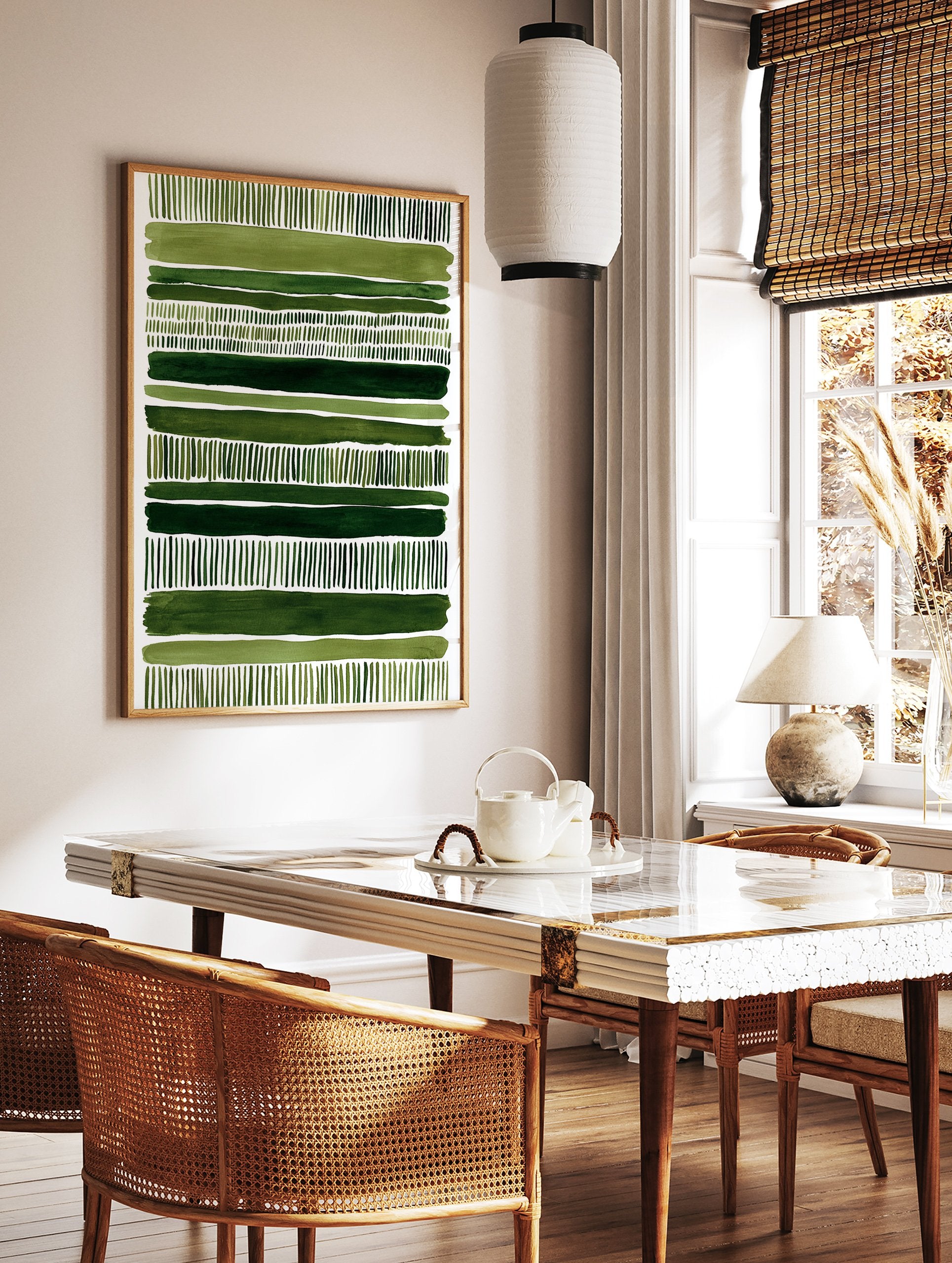 Green abstract wall art print with horizontal watercolor stripes and vertical dash patterns on a white background. - Image 3