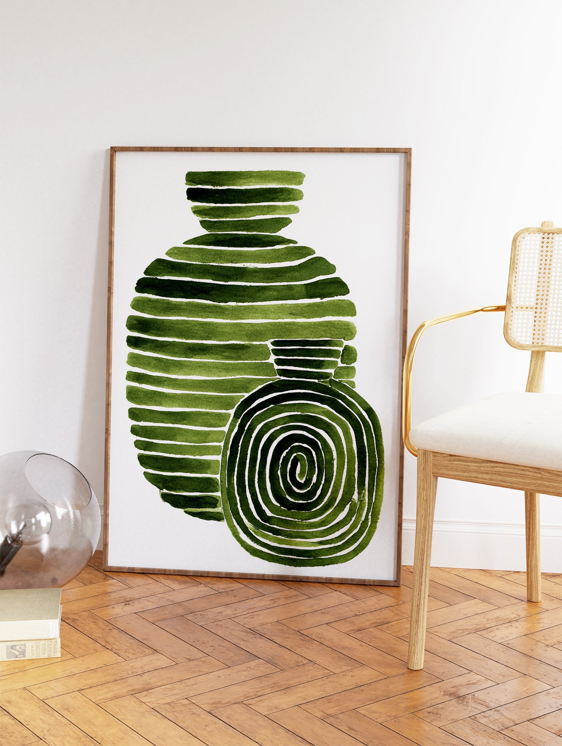 Green abstract wall art featuring two striped and spiral watercolor shapes on a white background, modern art print. - Image 2