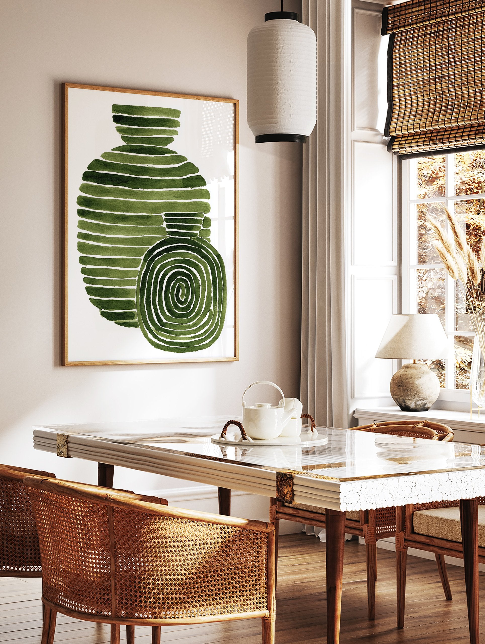Green abstract wall art featuring two striped and spiral watercolor shapes on a white background, modern art print. - Image 3