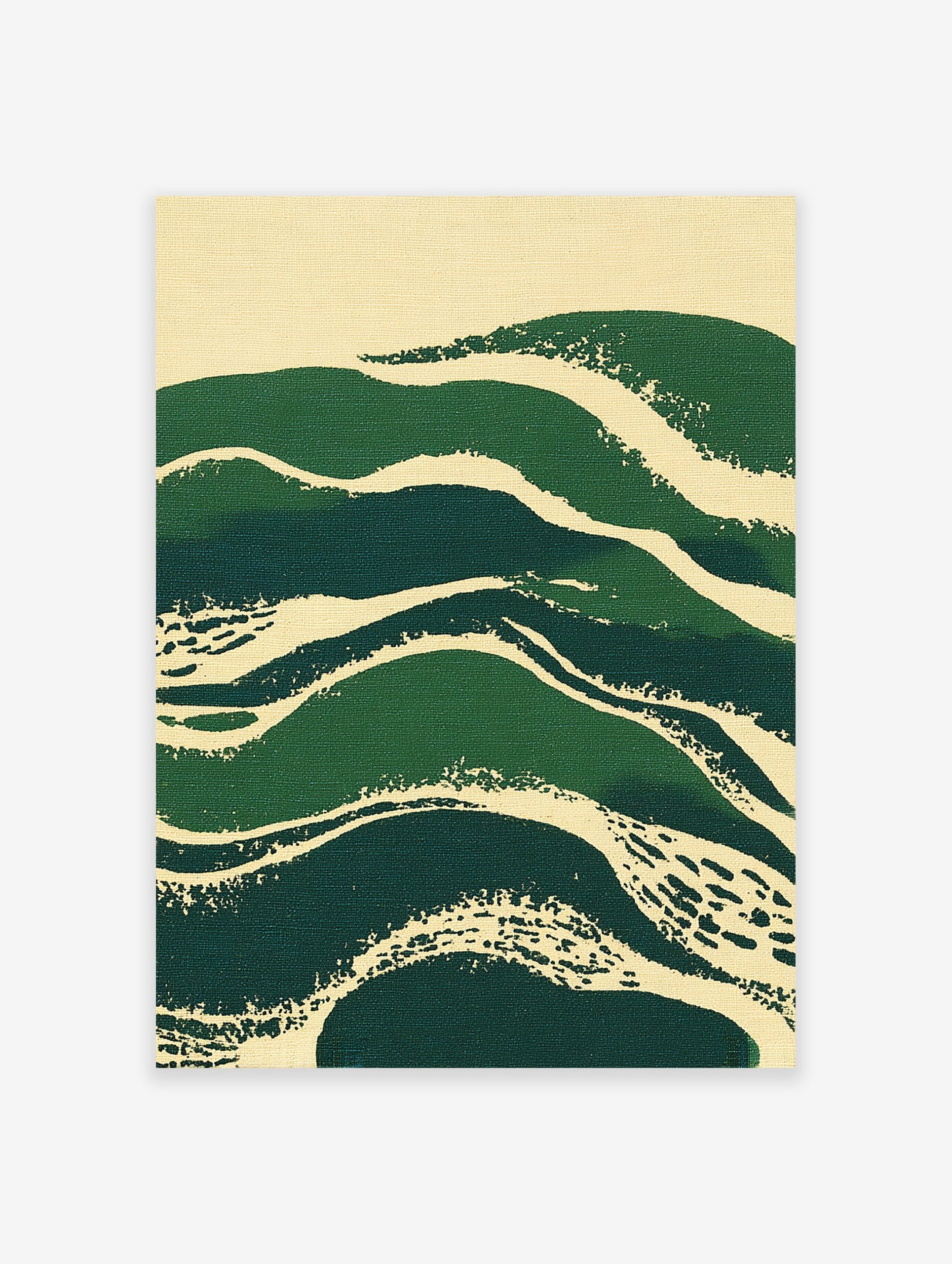 Green abstract wall art with textured brushstrokes resembling waves or hills on a cream background.