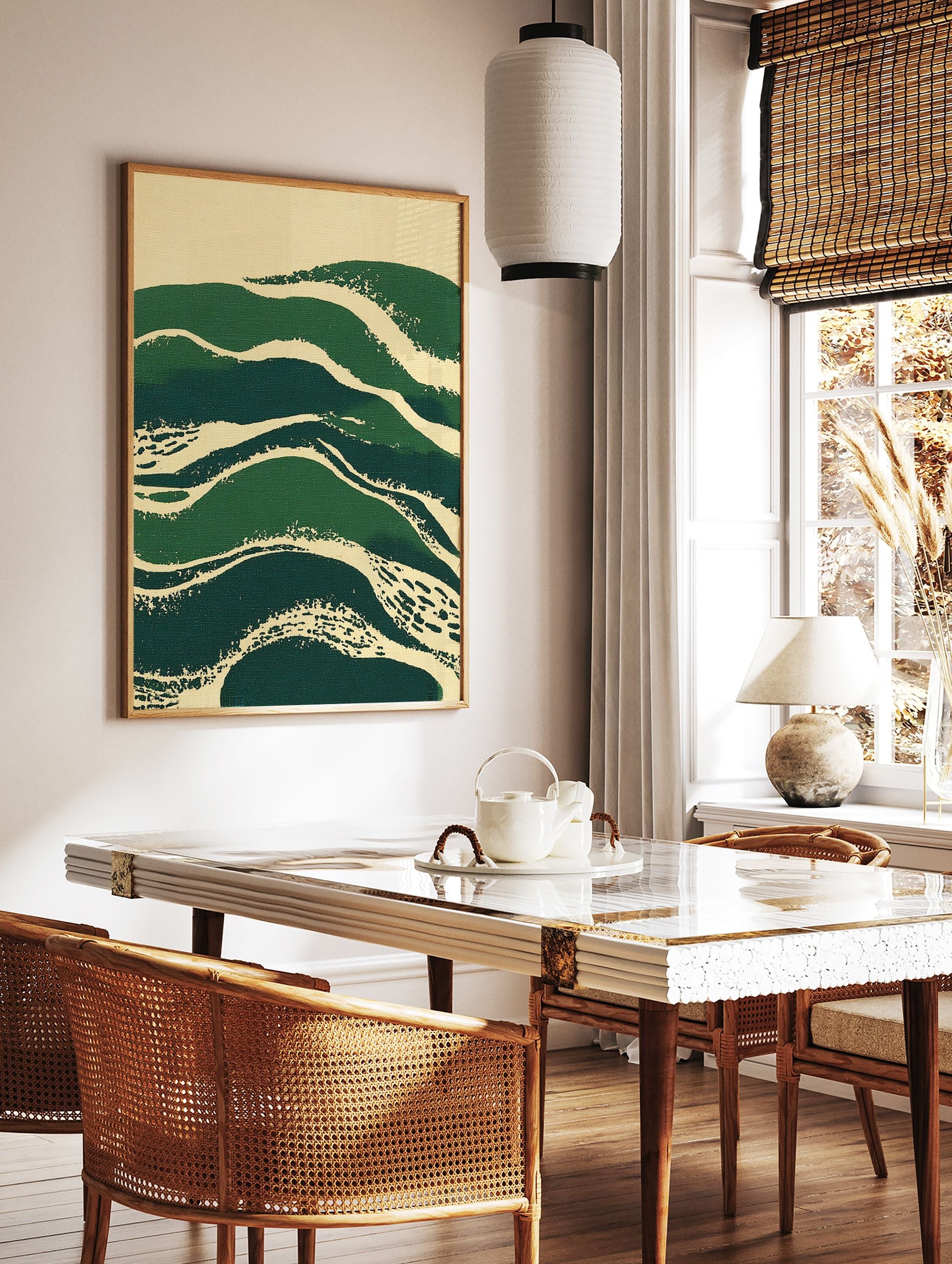 Green abstract wall art with textured brushstrokes resembling waves or hills on a cream background. - Image 2