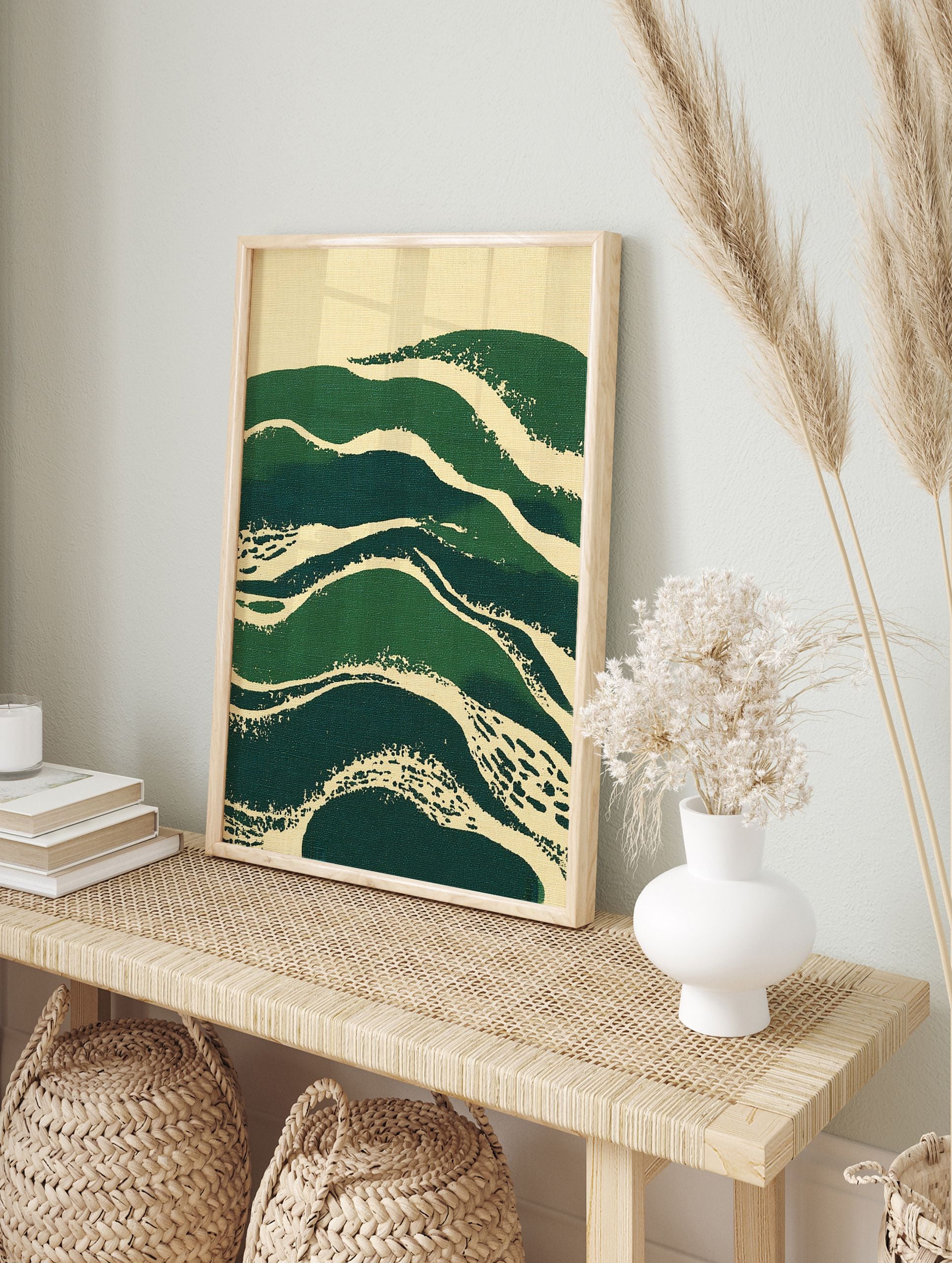 Green abstract wall art with textured brushstrokes resembling waves or hills on a cream background. - Image 3